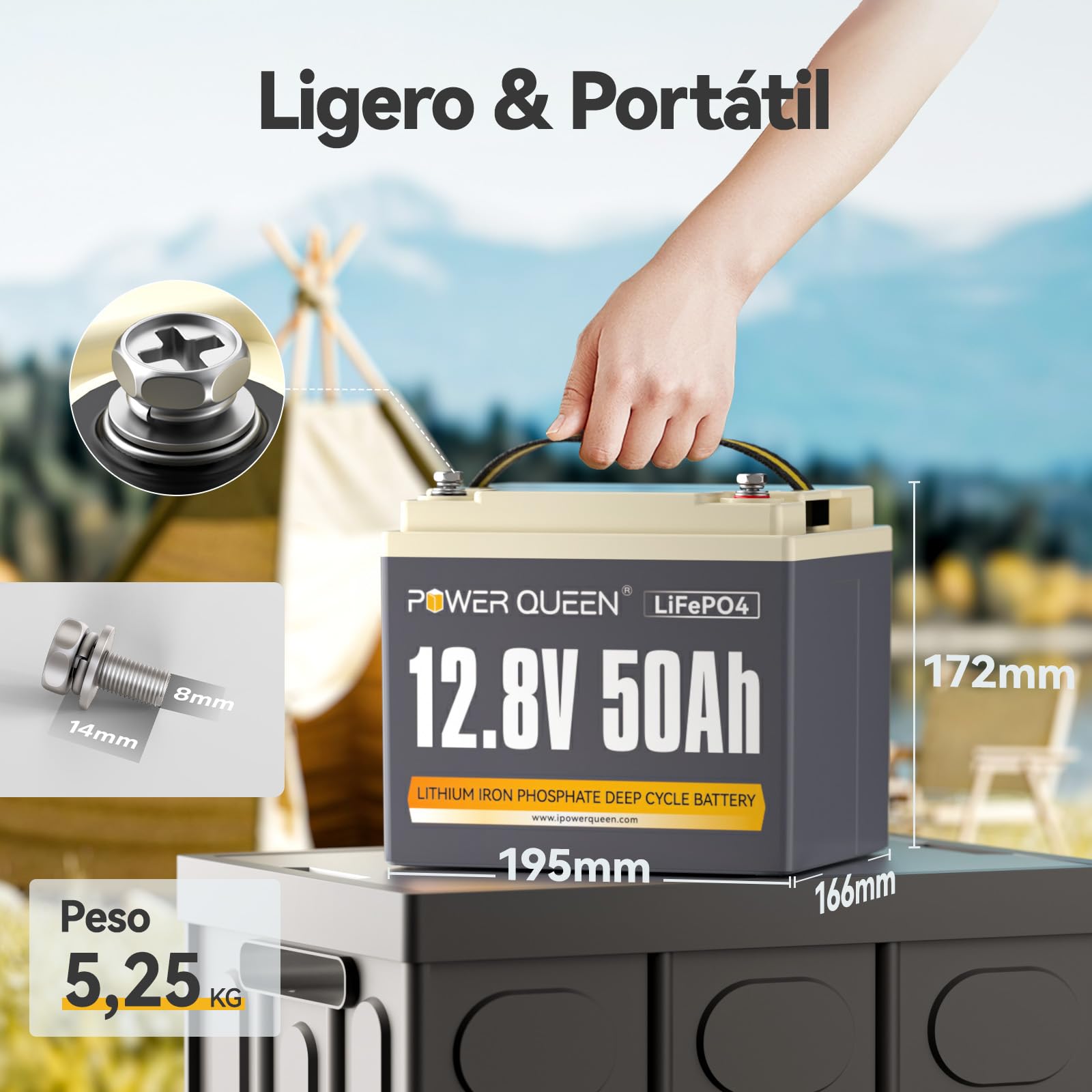 Power Queen Batería LiFePO4 12V 50Ah con 50A BMS para Caravan | 640Wh con Hasta 15000 Ciclos Recargables,Batería Portátil y Ligera para Motor para Curricán,Barco,Sistema Solar