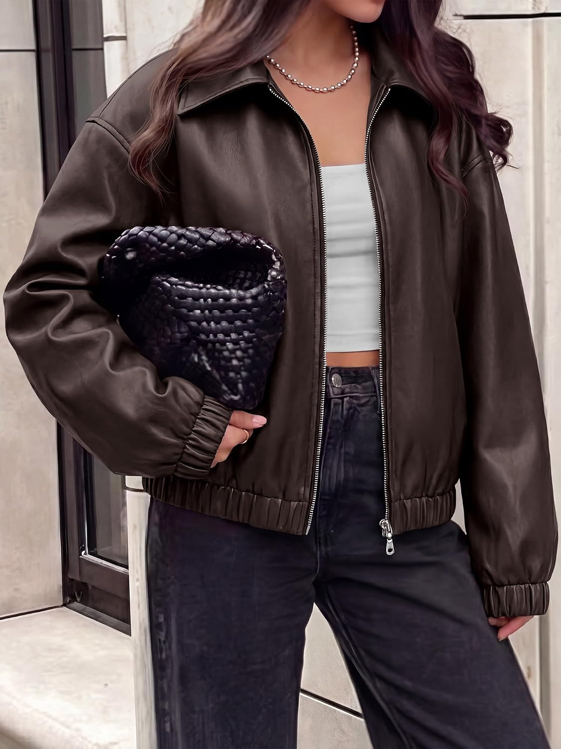 KIRUNDO Fall Jackets for Women Oversized Zip Up Faux Leather Bomber Coats