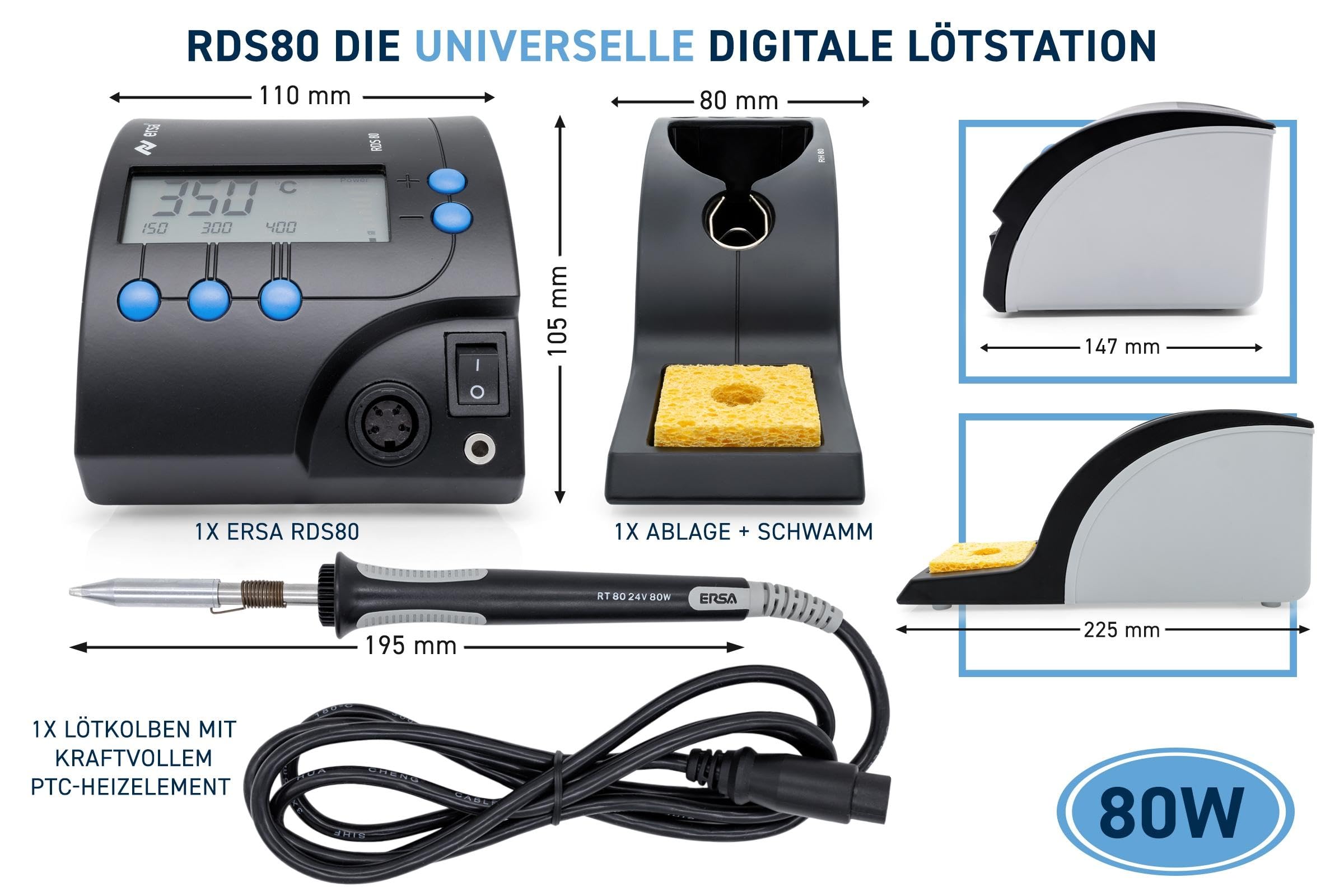 ERSA RDS80 Digital Lötstation 80W Leistung mit einstellbarer Temperatur 150 – 450 °C inkl. Lötspitze 2,2mm meißelförmig ERSADUR und Standby/Schlaffunktion