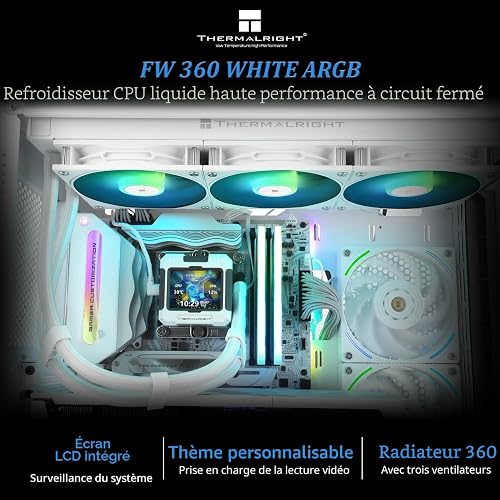 Thermalright FW 360 Blanc ARGB Refroidisseur à eau pour processeur avec 3 ventilateurs PWM, résolution IPS 320 x 240, écran LCD, refroidissement AIO 360, refroidisseur de processeur liquide pour AMD - 2