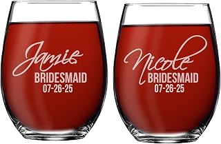 My Personal Memories Set of 1, 2, 3, 4, 5, 6, 7, 8 Custom Etched Bride, Bridesmaid Stemless Wine Glasses - Personalized Wedding Party Glass Gifts - Feather Tip Style (2)