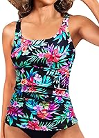 Yonique Women's Tummy Control Tankini Swim Top - Modest Scoop Neck Bathing Suit with Removable Bra