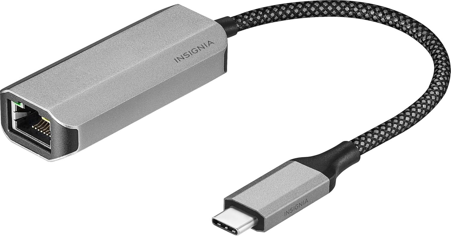 Insignia USB-C to Ethernet Adapter, Plug-and-Play Supports up to 1 Gbps High-Speed, Silver Black