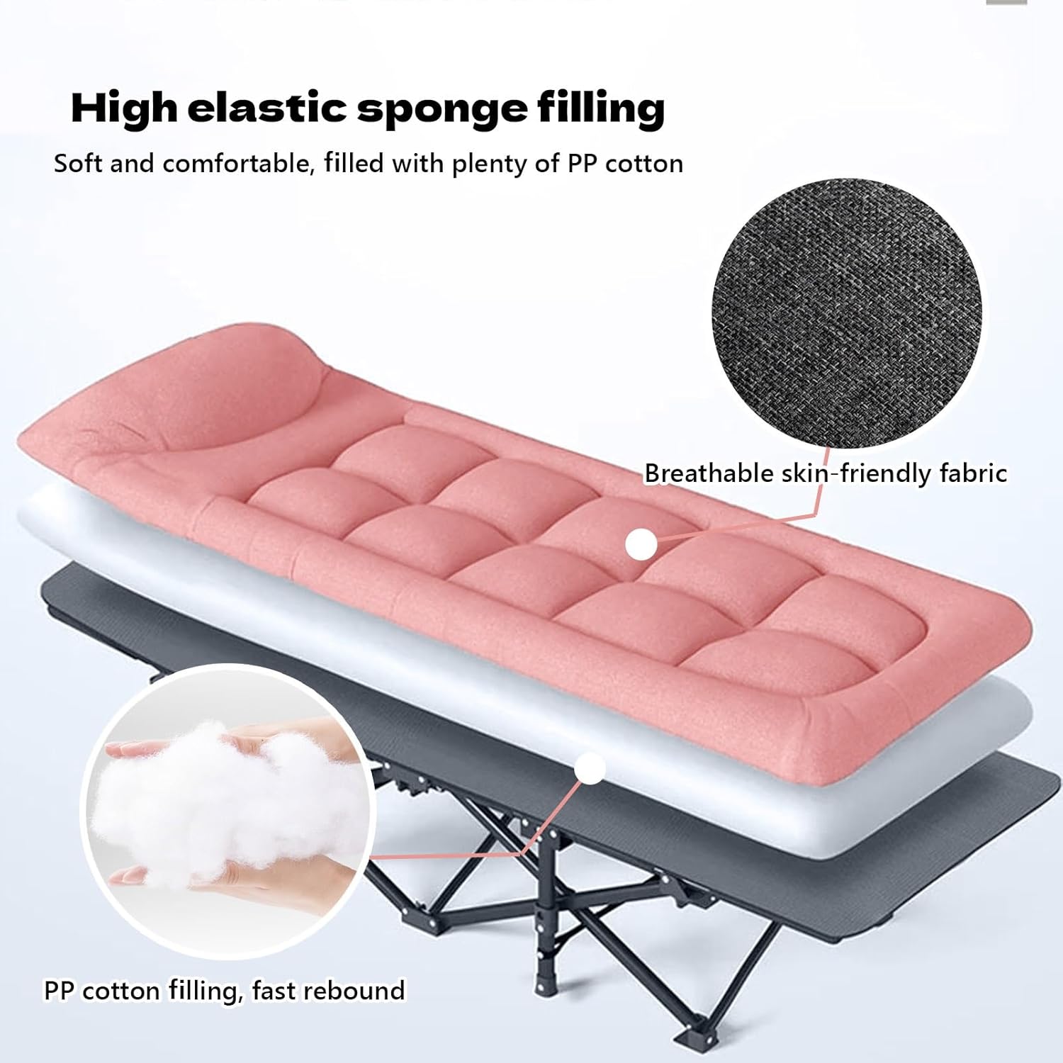 Portable Sleeping Bed Folding Camping Cot with Headrest Reclining Lounge Chairs for Traveling Office Use Outdoor, Supports 160kg(Black,180x66x39cm)