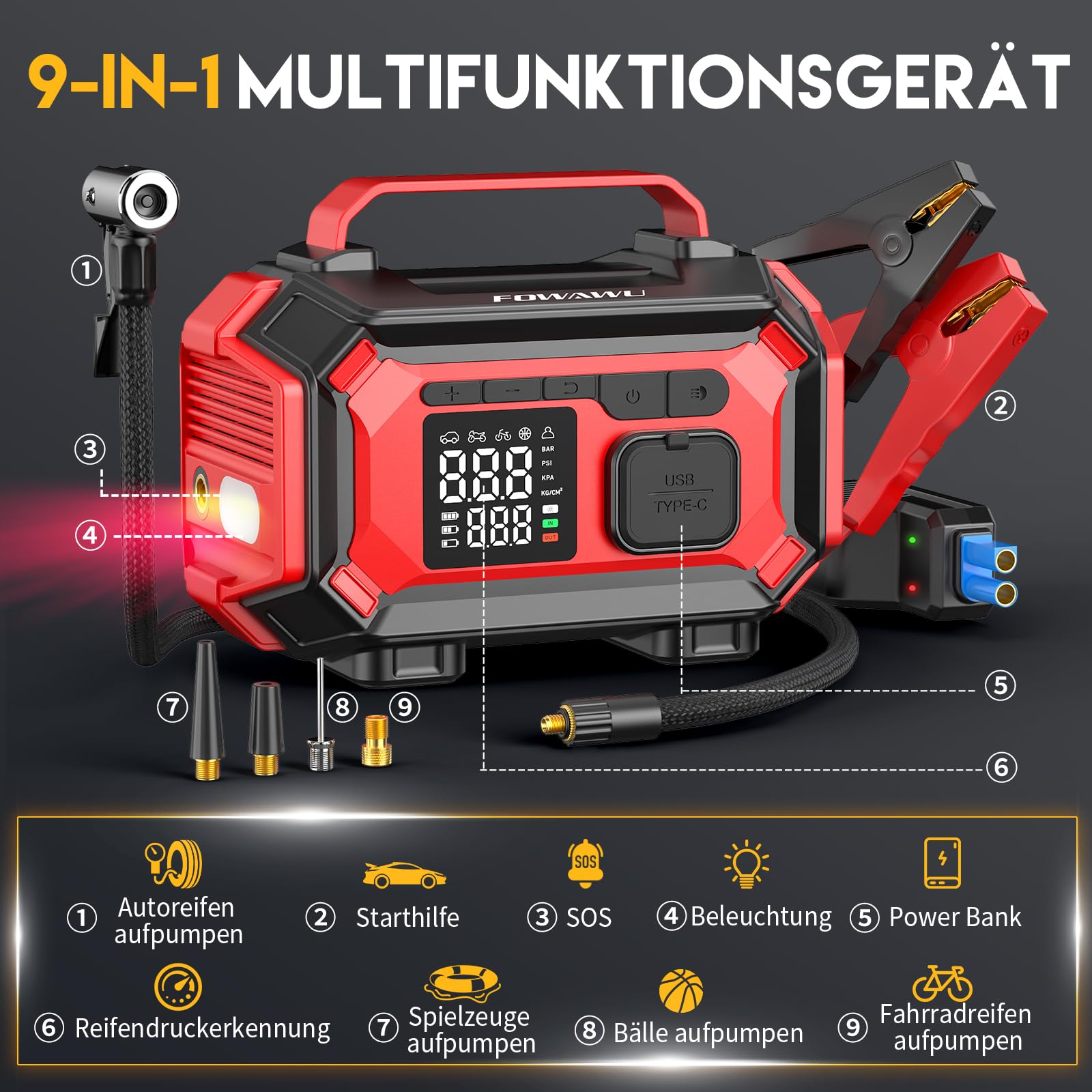 FOWAWU 8000A Starthilfe Powerbank mit Kompressor | 9-in-1 Auto Starthilfe für alle Benzin und 10L Diesel,150PSI Elektrische Luftpumpe mit Autostop Funktion,für Auto, Motorrad