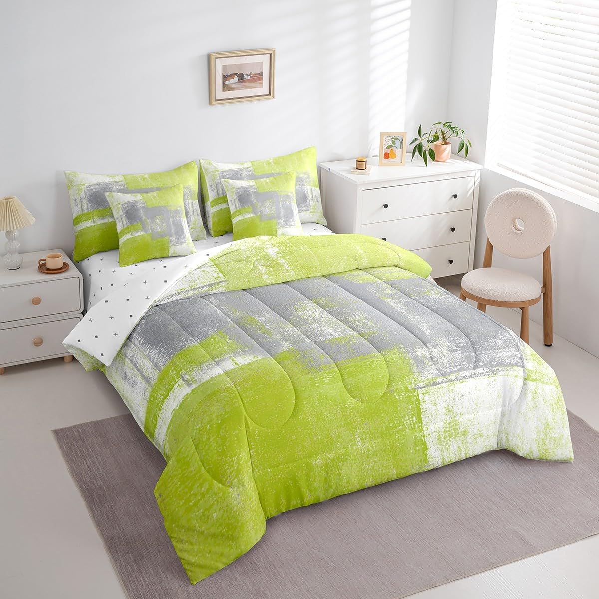 Erosebridal Lime Green Gray Comforter Set,Queen Bed in A Bag for Boys Girls,Modern Ombre Bedding Set 7 Piece,Watercolor Oil Painting Abstract Reversible Bed Sets with Sheet Set