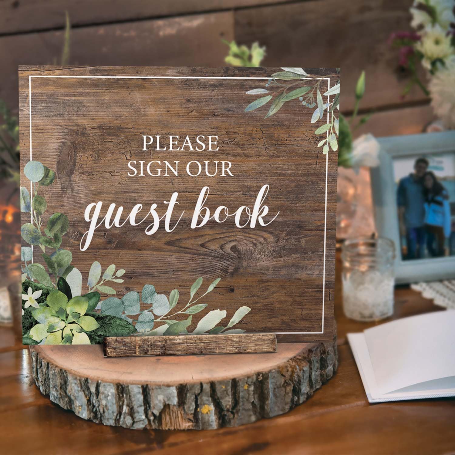 Lush Greenery Please Sign Our Guestbook Sign / 8" x 9" Flat Rustic Faux Wood Wedding Guest Signature Sign/Modern Floral Plastic Table Top Plaque/Made In The USA