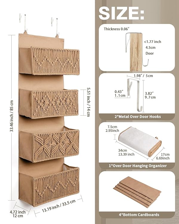 ANTIS'S HOME Nursery Over The Door Organizer Boho Decor Nursery Storage with 4 Large Woven Pockets, Macrame Nursery Organizers and Toys Storage, Behind Door for Bathroom, Bedroom, Brown by ANTIS'S HOME - Image 2