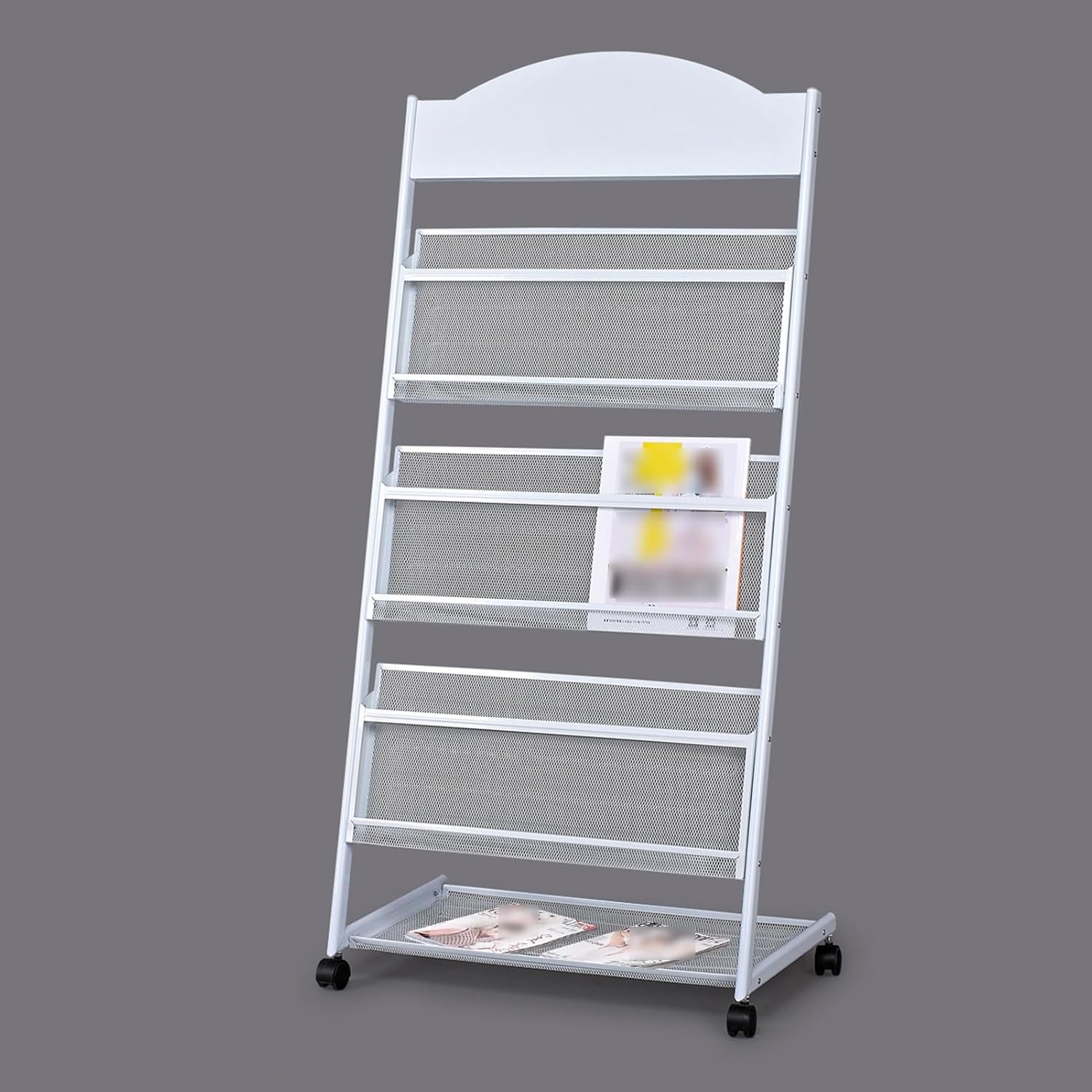 Mobile 3/4-Layer Iron Magazine Rack with Wheels - Floor-Standing Brochure Display Stand for Offices, Retail Stores, Trade Shows - Stylish White Finish