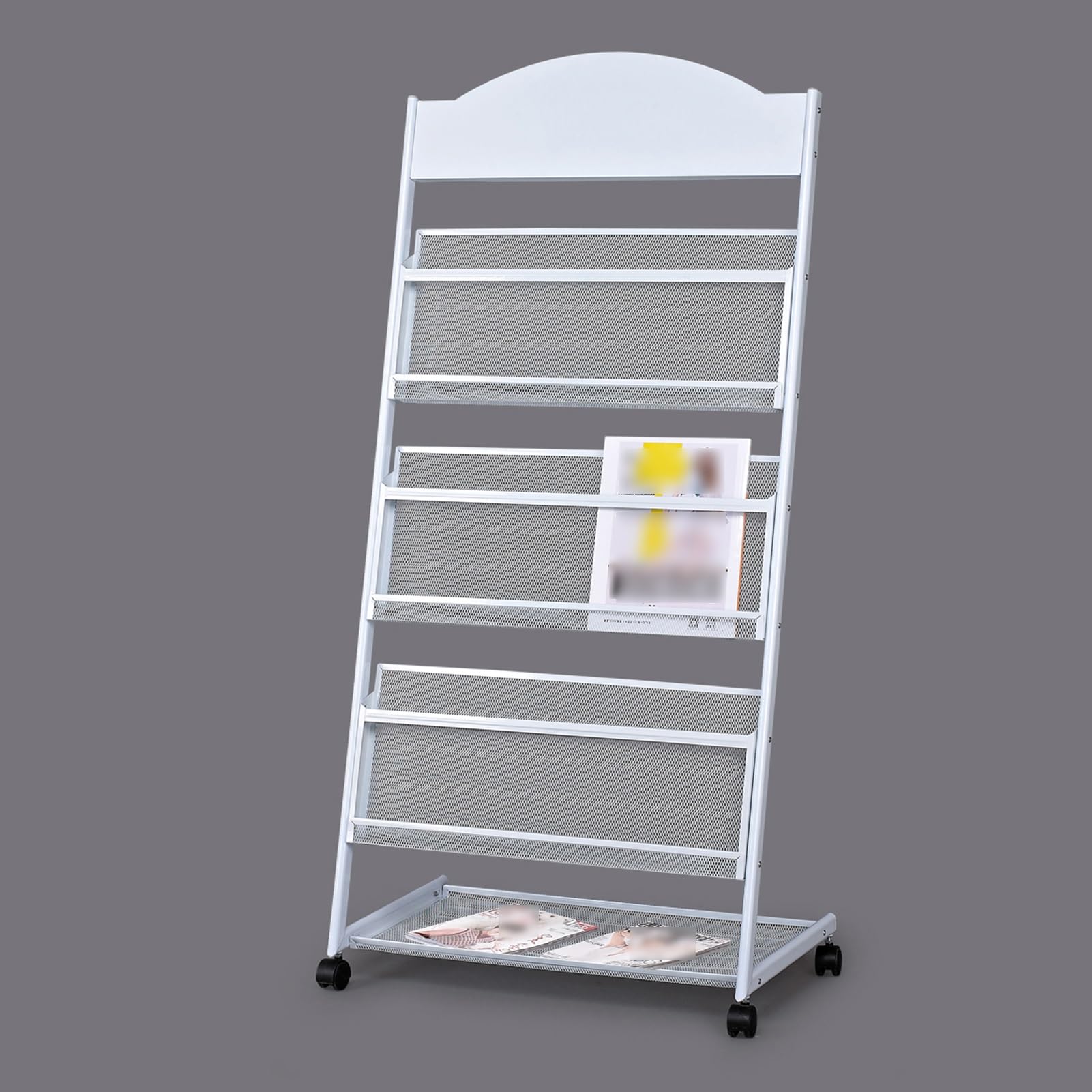 Jkjzsalj White 3/4-Layer Iron Magazine Rack With Wheels,Mobile Display Rack,Floor-Standing Brochure Stand,For Offices,Trade Show Exhibitions Office Retail Store,-63X35.5x131cm
