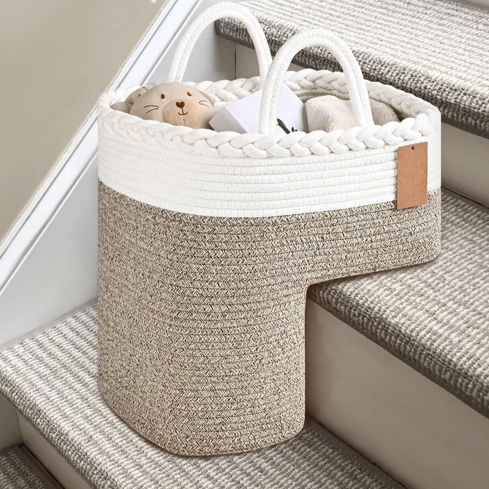 Elegante cesta de lino tejido para escalones alfombrados con asas de fácil agarre, organizador versátil para mantener juguetes, libros, teléfonos y accesorios perfectamente almacenados (A)