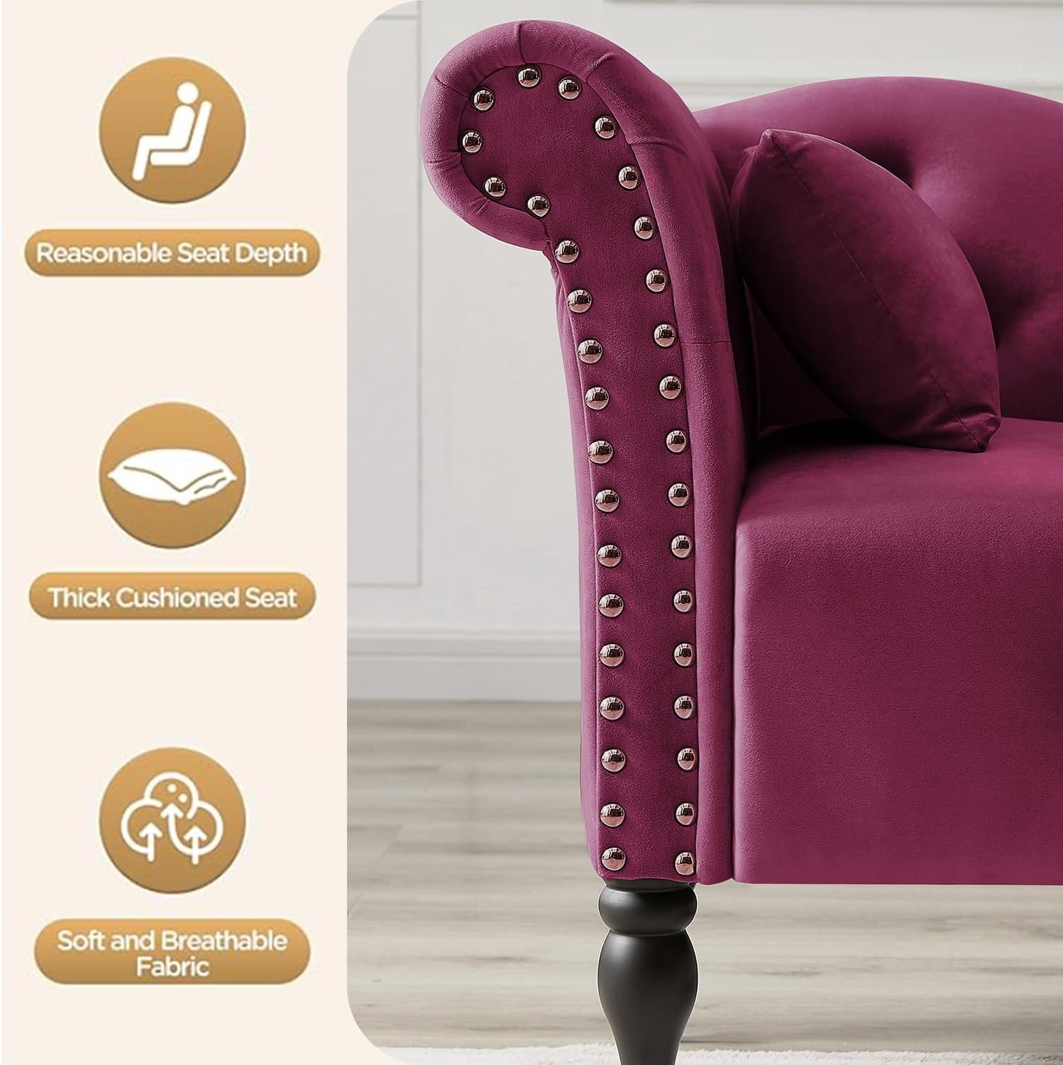 Tufted Upholstered Velvet Rolled Arm Chaise Lounges Indoor Chair, Right Arm Facing Chaise Lounge with Nailhead Trim and 1 Pillow,for Living Room Bedroom Office (Burgundy)