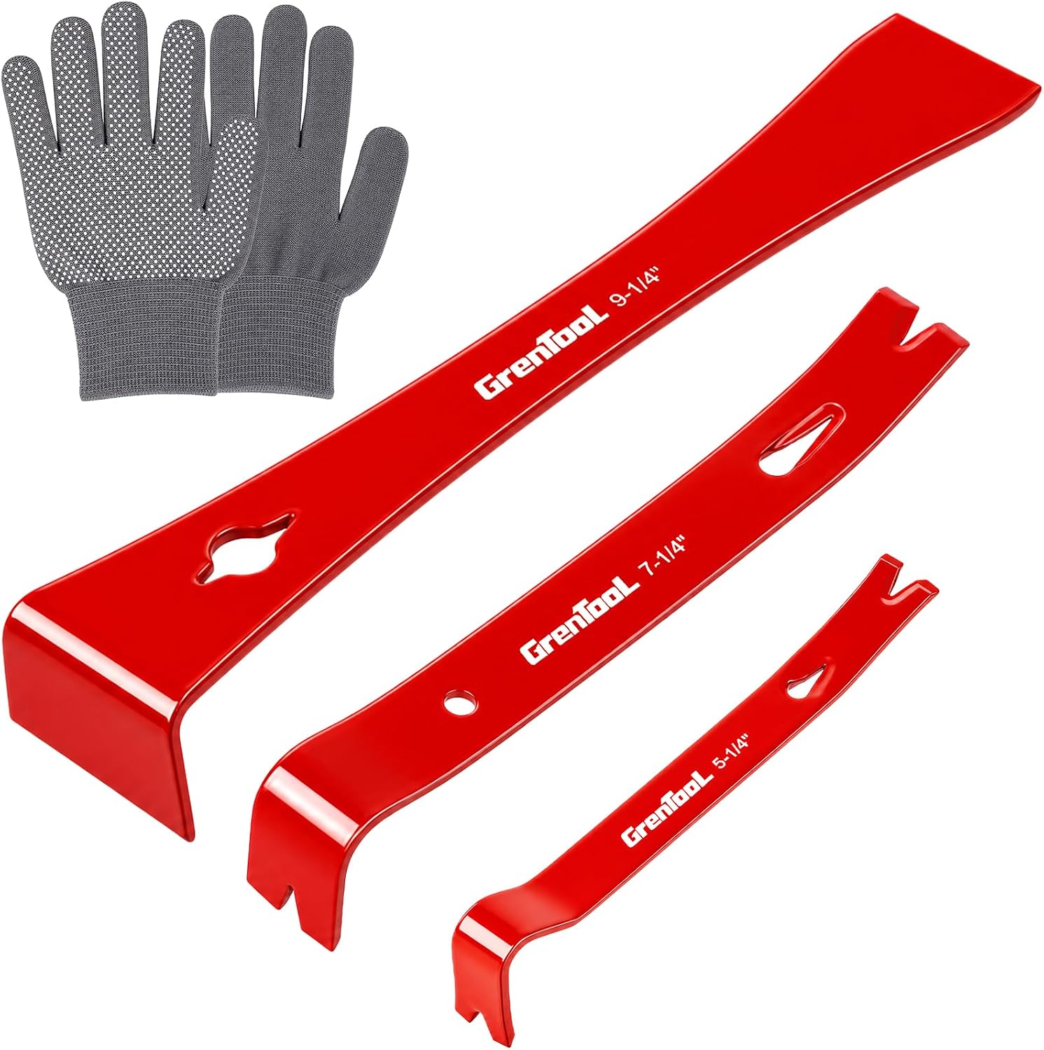 3Pcs Mini Pry Bar Set – 5-1/4" & 7-1/4" Small Flat Pry Bars with Nail Puller, 9-1/4" Crowbar Scraper Tool for Woodworking, Bee Hive Tool, Baseboard Removal, Trim Pry Bar,with Gloves