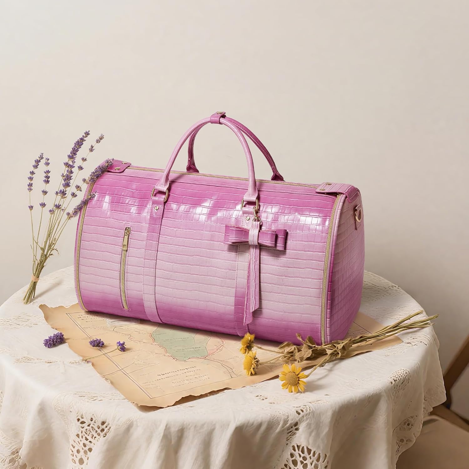 Garment Bags for Travel, 2-in-1 Convertible Travel Garment Duffle Bag for Women, Foldable Carry On Garment Bag with Shoe Compartment & Toiletry Pocket, PU Leather Weekender Bag, Pink-White - Image 2