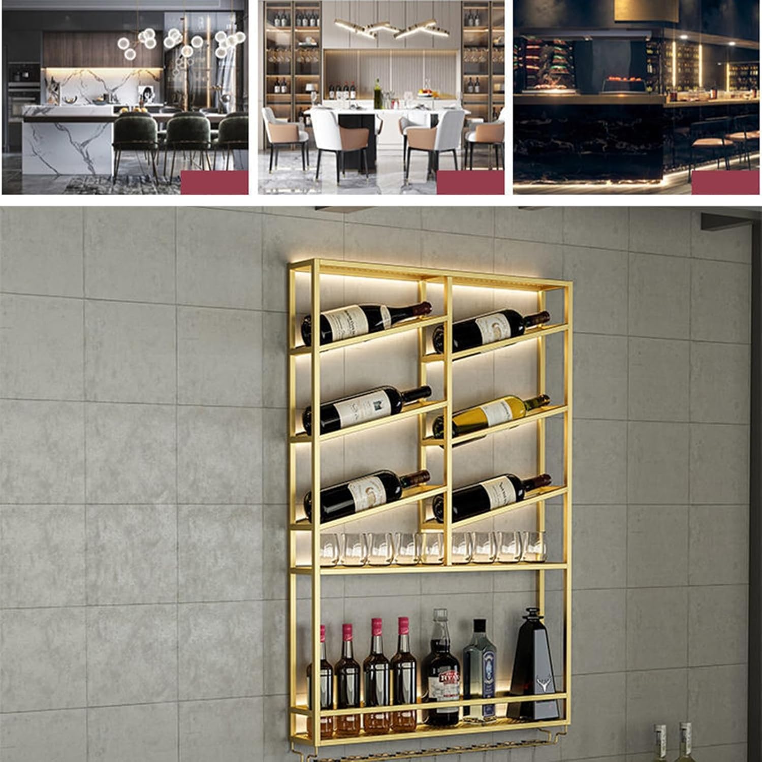 Industrial LED Wall Mounted Wine Rack with Liquor Bottle Display Shelf Iron Stand Holder for Home Restaurant Bars Countertop Storage Racks (Color:)