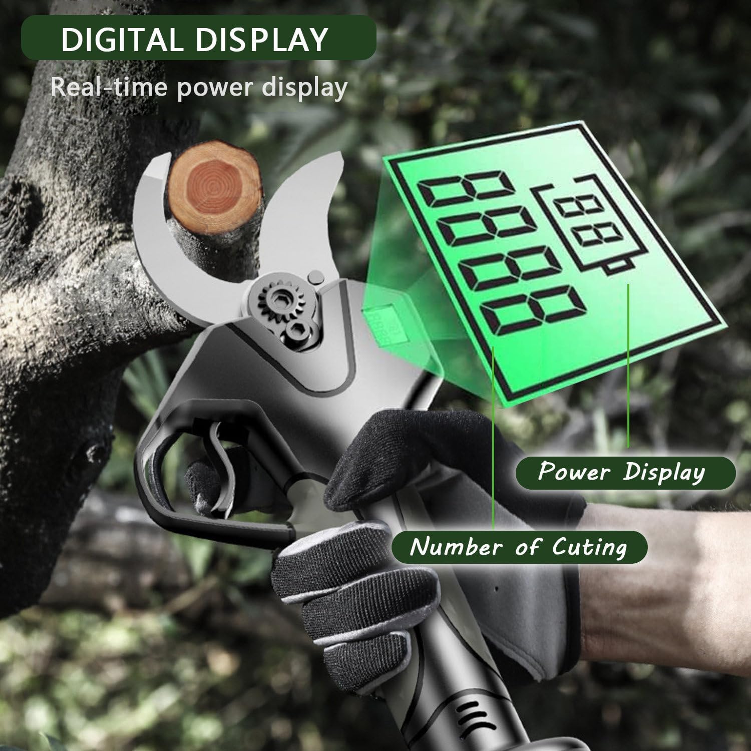 Cordless Electric Pruning Shears with 50mm Blade, 2×4.5Ah Battery, Adjustable 4.3-6.9 Ft Pole, Digital Display, Long Reach Garden Branch Scissors for Effortless Trimming