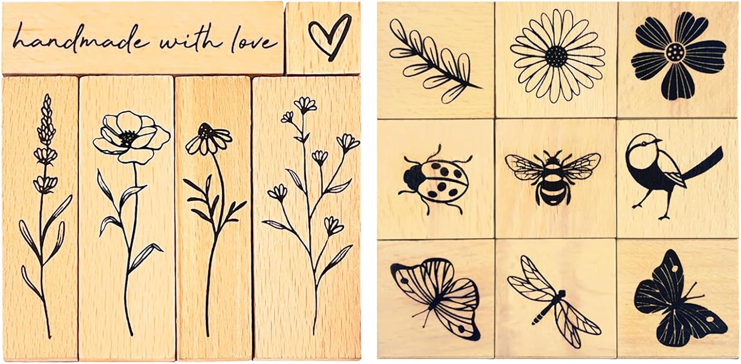 Wissppoott 15PCS Vintage Wood Rubber Stamp Set - Antique Butterfly, Bird, Ladybug, Floral, Plant Stamps for DIY Scrapbooking, Journaling & Crafts