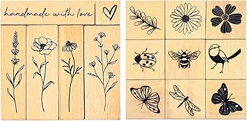 15 Pcs Vintage Wood Rubber Stamp Set - Antique Butterfly, Floral, Plant, Ladybug& Bird Stamps for DIY Scrapbooking, Craft Cards, Gift Wrapping & Journal Art