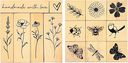 15 Pcs Vintage Wood Rubber Stamp Set - Antique Butterfly, Floral, Plant, Ladybug& Bird Stamps for DIY Scrapbooking, Craft Cards, Gift Wrapping & Journal Art