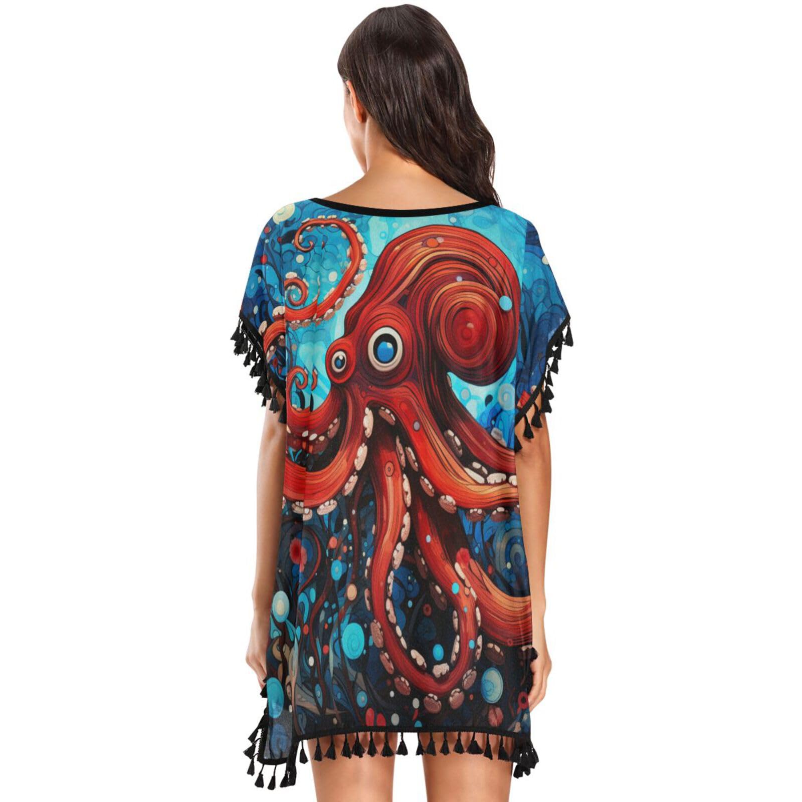 KAAVIYO Octopus Red Blue Dark Sea Women's Beach Cover Up Chiffon Tassel Swimwear Swimsuit Coverups for Girl