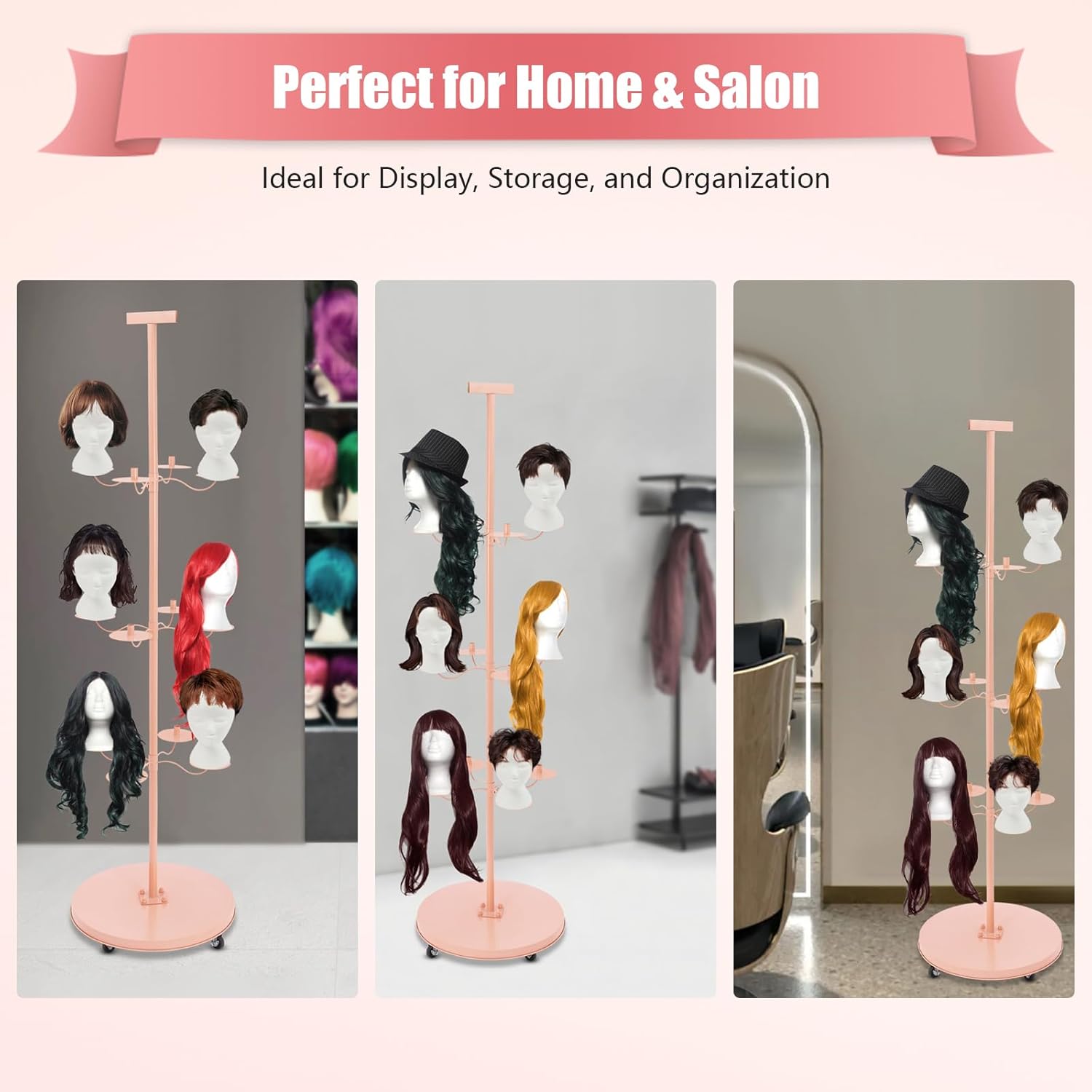 12-Head Holder, Wig Display& Storage Rack, Rotate 360° Wig Stand, for Multiple Wigs Display Mannequin Head with Wheels Metal Wig Organizer Storage Rack, Round base Pink