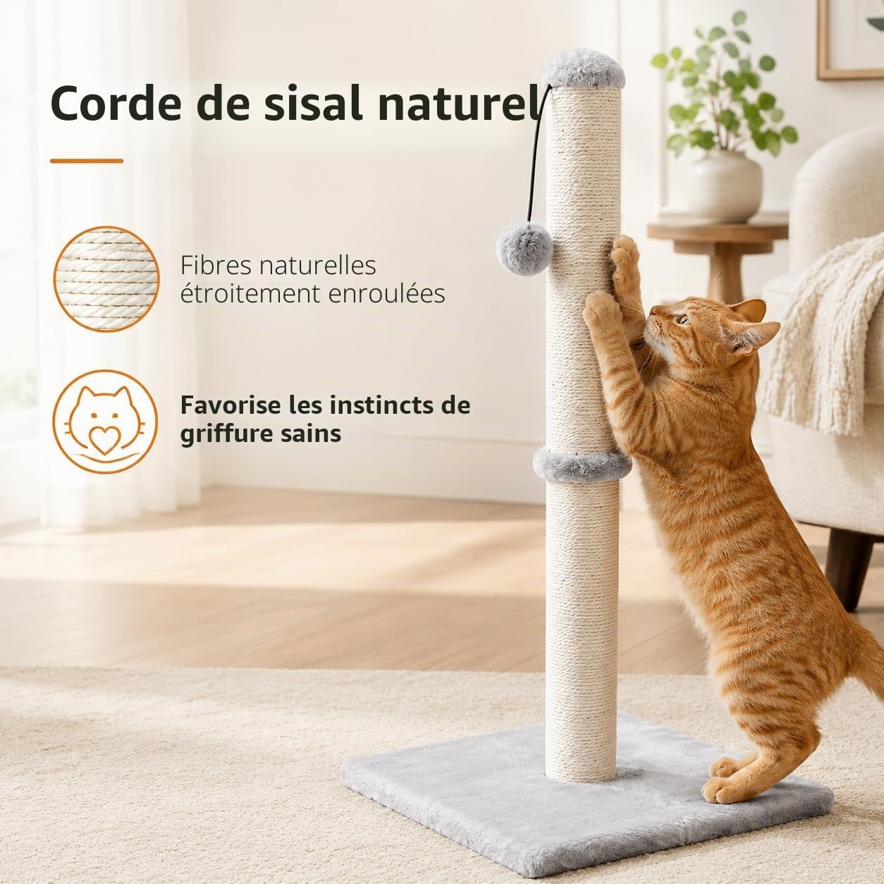 Dimaka Griffoir pour chat de 73,7 cm de haut, corde en sisal recouvert de peluche douce et lisse, griffure verticale [pleine strectch], design moderne de 73,7 cm de hauteur (gris)