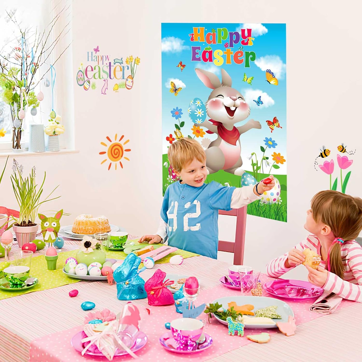 AUGSUN Pin The Tail on The Bunny Easter Games Easter Rabbit Games with 24 Stickers for Easter Party Decorations, Easter Egg Hunt Activities Happy Easter Party Favors Supplies