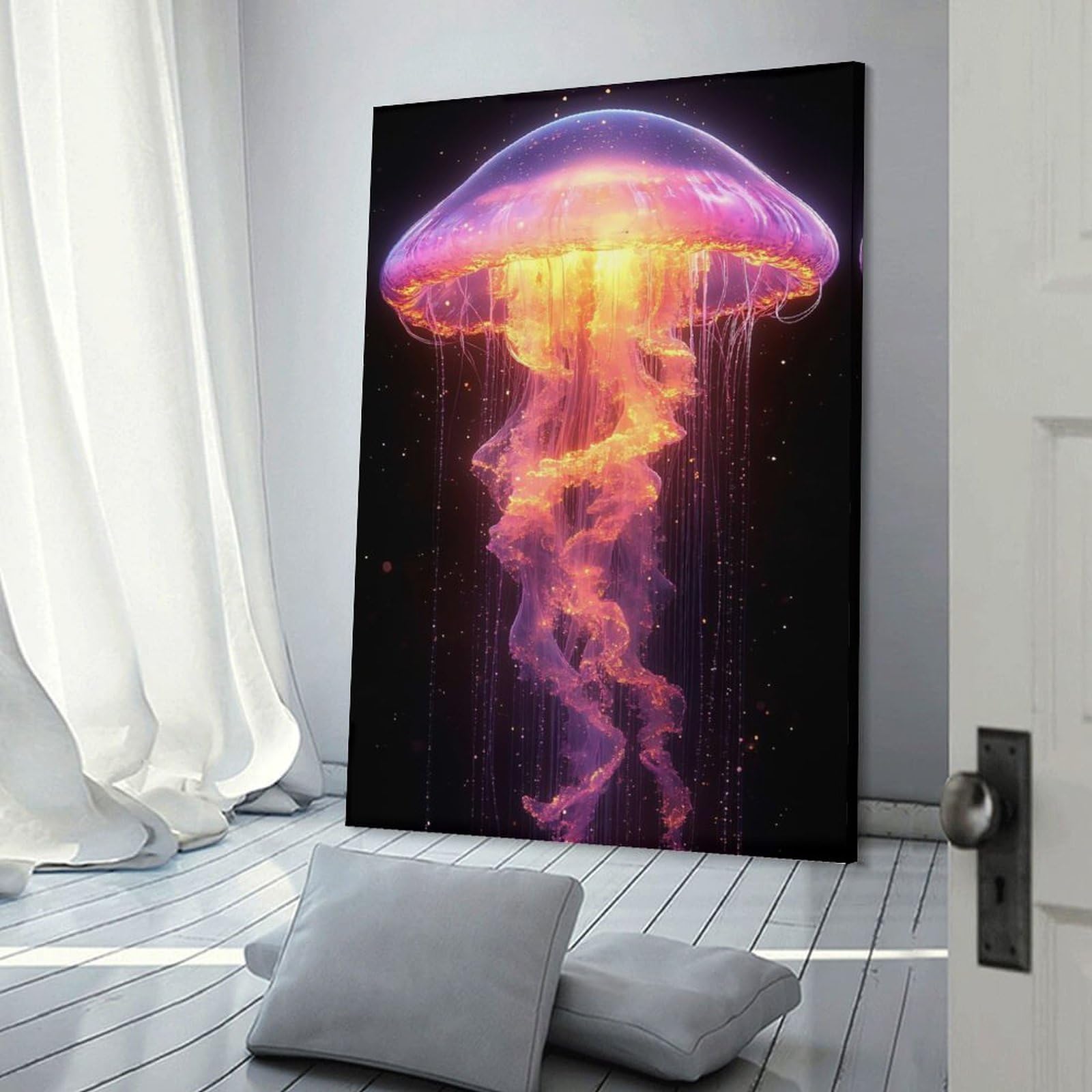 Junmoney Glowing Jellyfish in Dark Space Wall Art Print 12x18inch(30x45cm), for Gallery Wall Layouts in Home Or Office, An Easy Match for Collected Prints