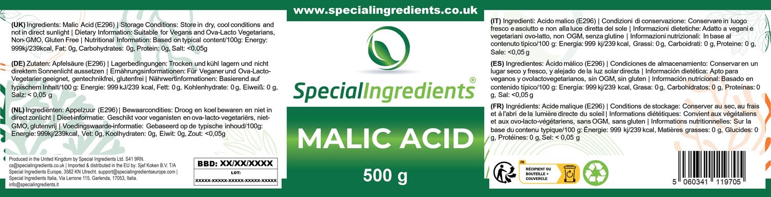 Special Ingredients Acide Malique 500g - Régulateur d’acidité pour la préparation maison de vin, bière & boissons alcoolisées - Qualité supérieure - Emballage recyclable