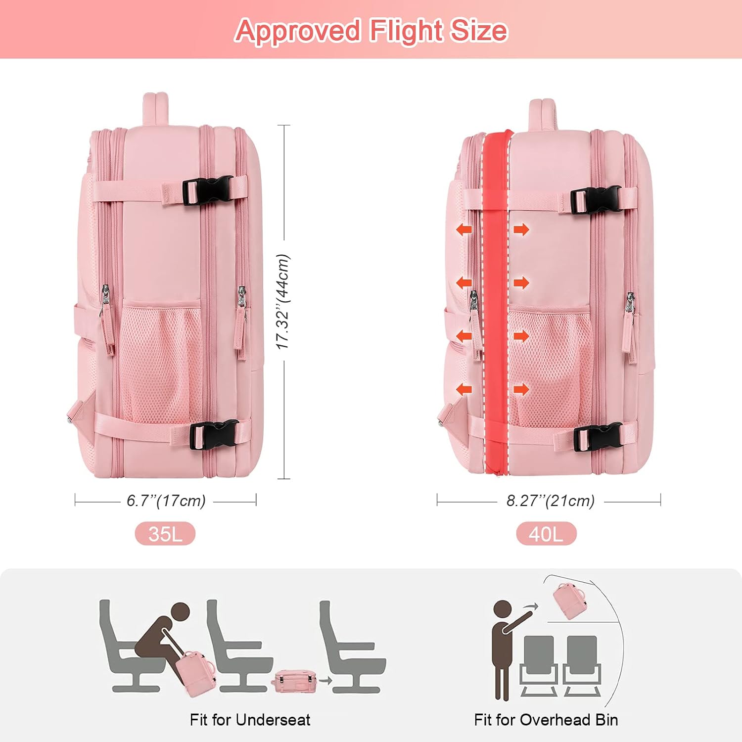 Sinaliy Large Travel Backpack (Black+Pink), 40L Carry On Backpack, 17 Inch Laptop Backpack, Waterproof Backpack, College Bookbag, Laptop Backpack, Backpack for Women, as Person Item Flight Approved