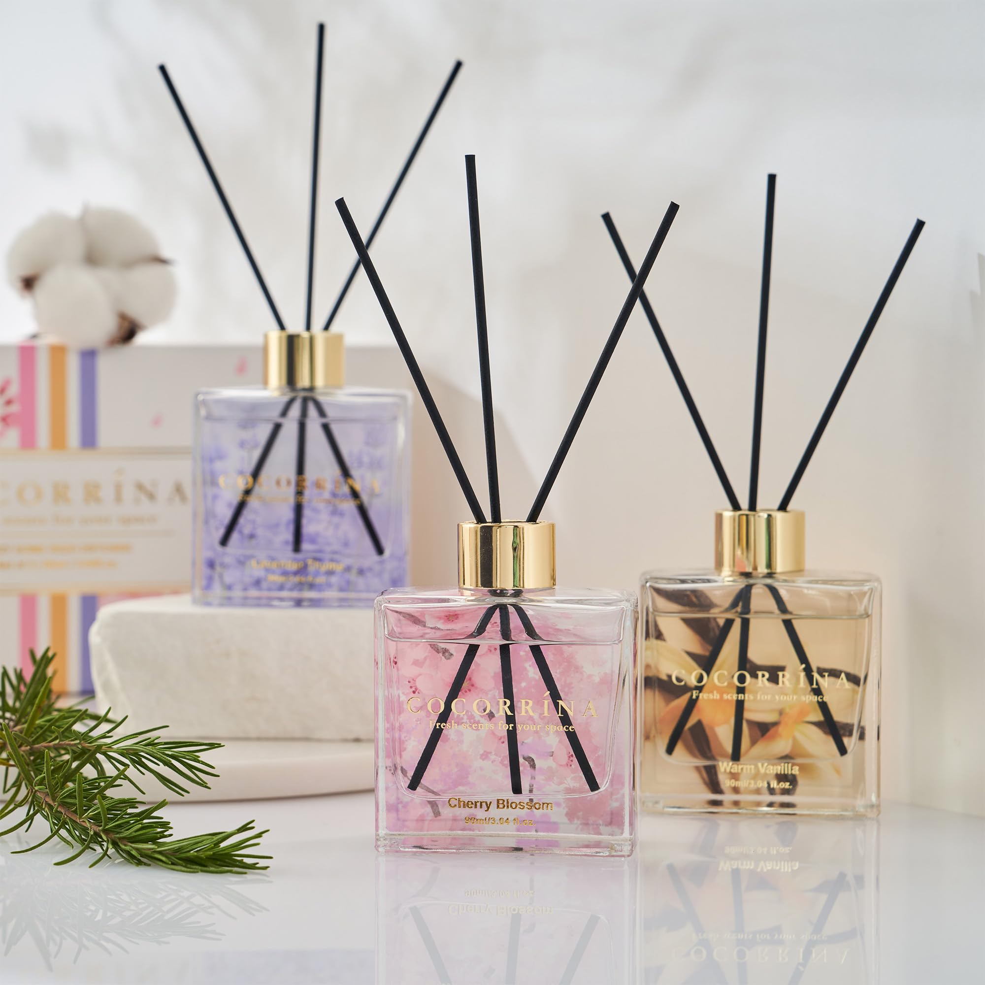 COCORRÍNA Schilfrohr-Diffusor-Set, 3 Stück, 3 Stück / 3,04 Fl.oz Diffusor mit 24 Stäbchen, warme Vanille/Kirschblüte/Lavendel Thymian Schilfrohr-Diffusor für Zuhause, Badezimmer, Büro,