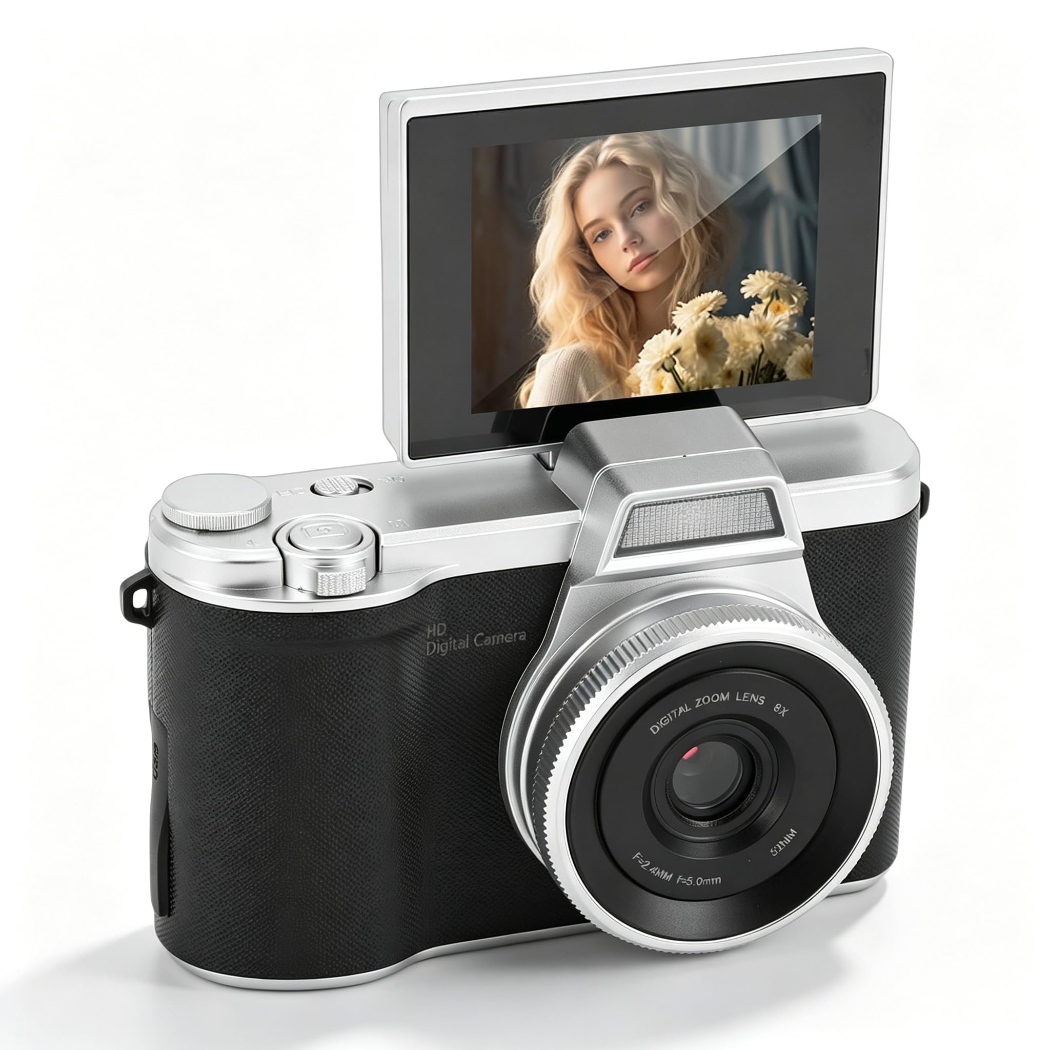 Sxhlseller Cámara Digital de 48MP 1080P, Cámara de Vlogging Compacta con Zoom Digital de 8X y Enfoque Automático, Pantalla Abatible de 2,4 Pulgadas, de Youtube para Principiantes en (Black)
