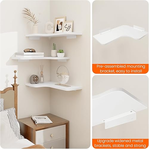 Miniatura 6 de Homode Estantes flotantes de esquina, juego de 3 estantes de pared de esquina con agujero de alambre, estante de almacenamiento colgante de madera