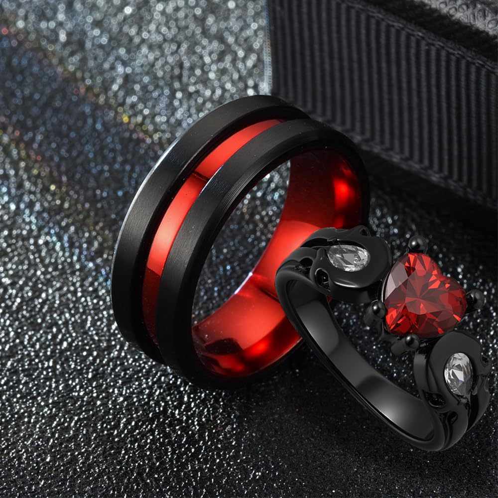 Paar Ringe Personalisiert Pärchen Ringe für 2 mit Gravur Edelstahl Herren Ring Wolfram Schwarz Rot Valentinstag Schmuck für Sie und Ihn Hochzeitstag Geschenke für Paare,Größe 49-69