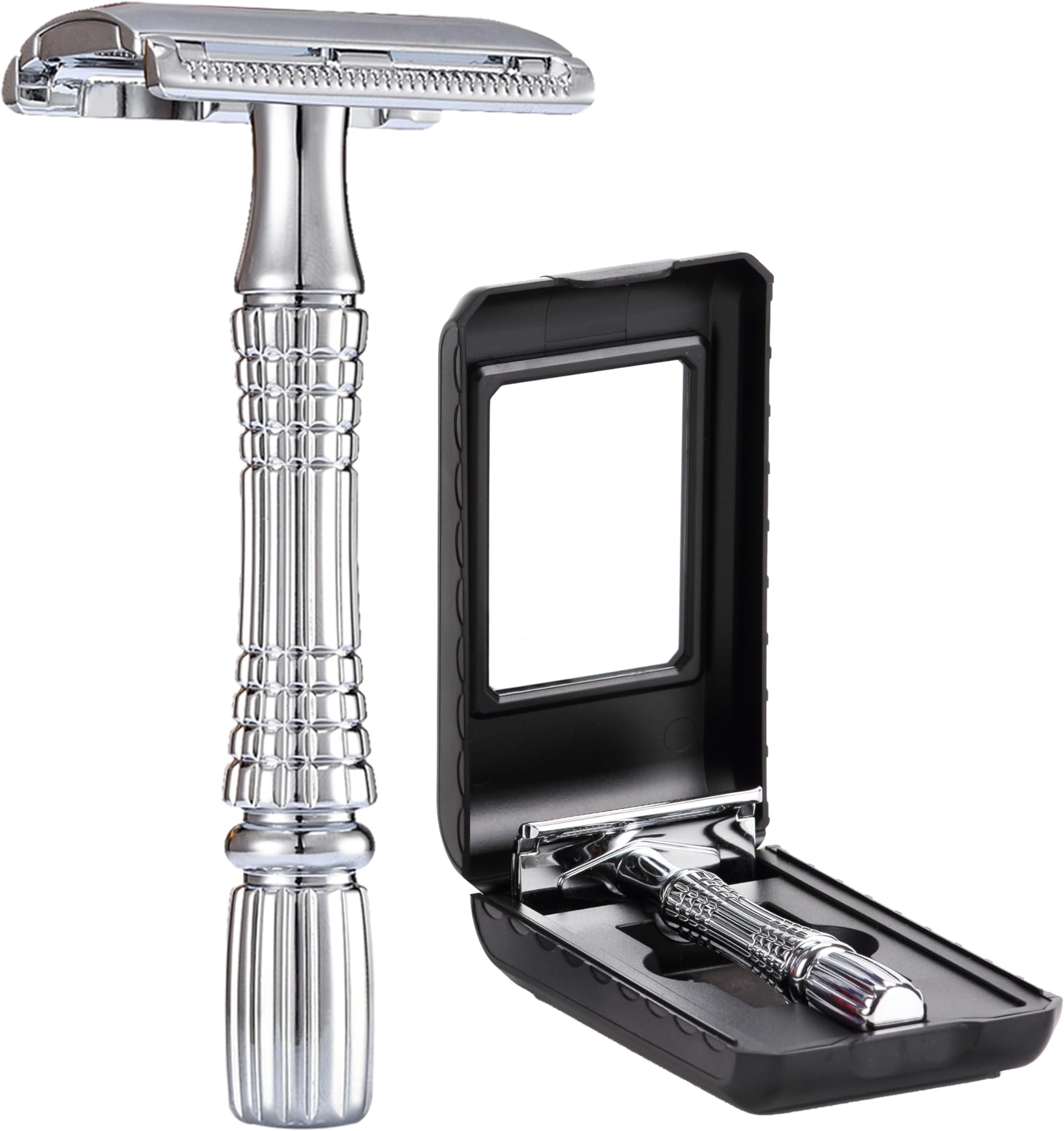 Double Edge Safety Razor Rust-proof Reusable Manual Stainless DE Wet Shaving for Men Women with Mirrored Travel Case BD176B