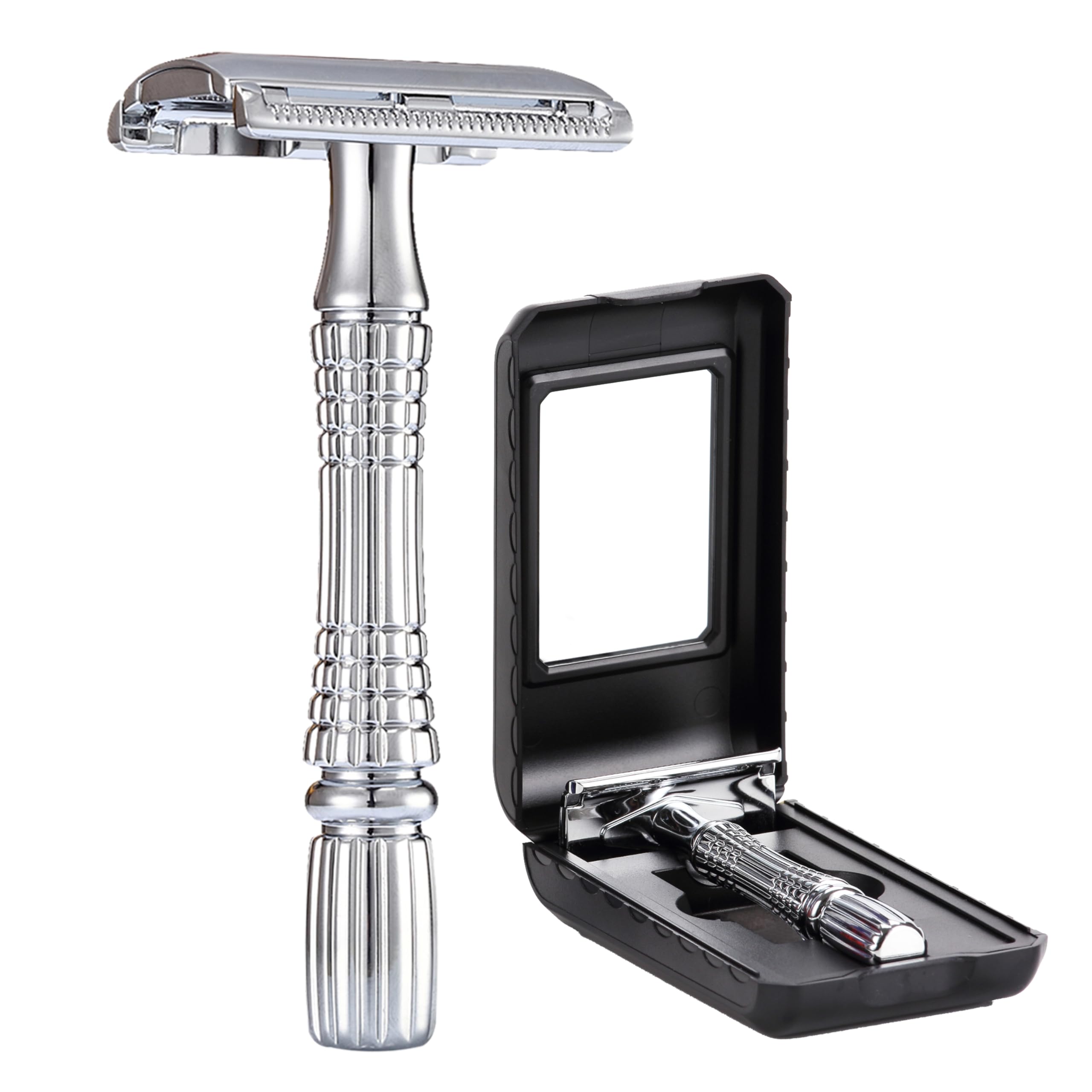 Double Edge Safety Razor Rust-proof Reusable Manual Stainless DE Wet Shaving for Men Women with Mirrored Travel Case BD176B