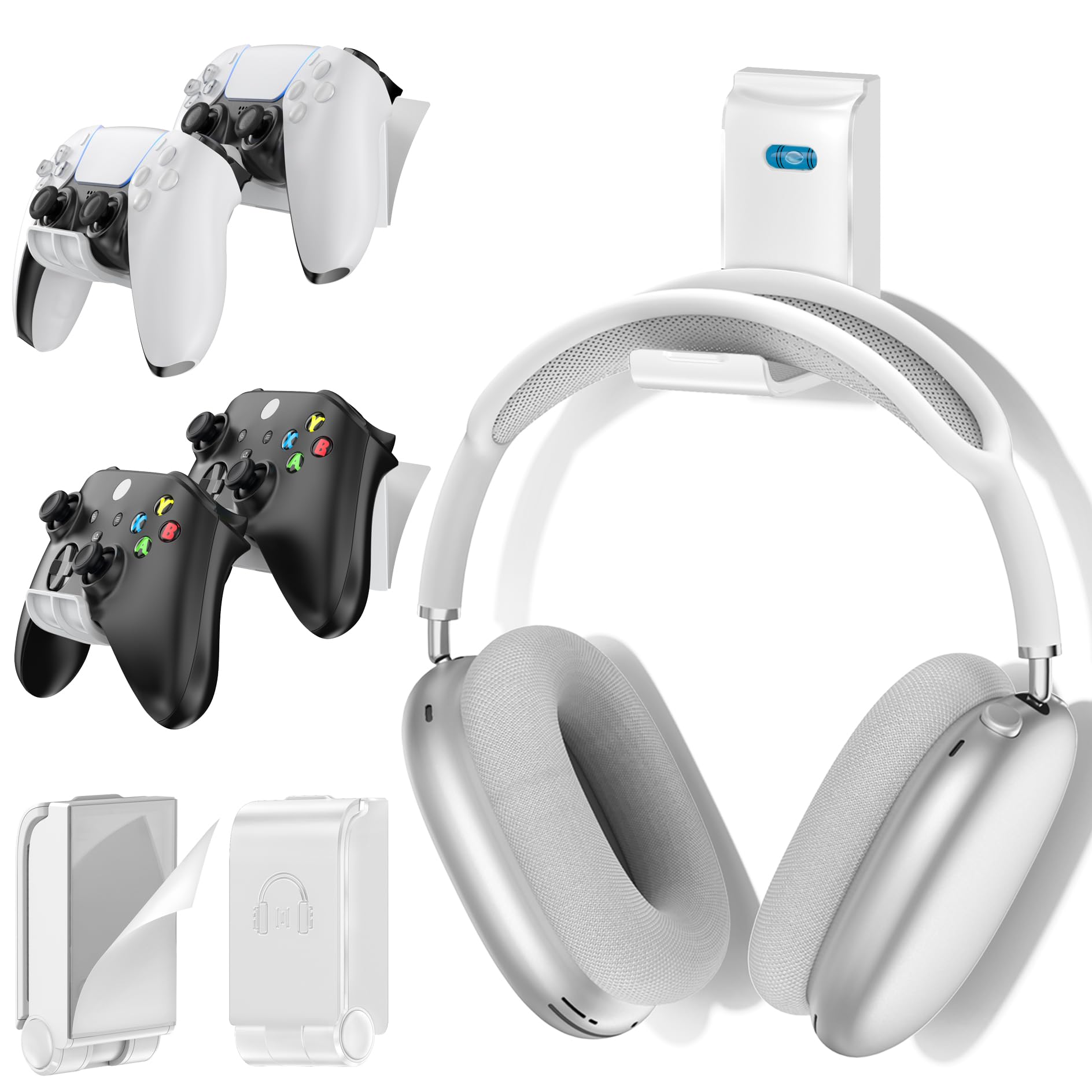 Soporte para Auriculares y Mando, Soporte Universal de Pared para Mandos Xbox/PS5/PS4/Nintendo Switch, Plegable Soporte 4 Mando y Cascos pared, Organiza Accesorios Gaming, Blanco, 2 Piezas