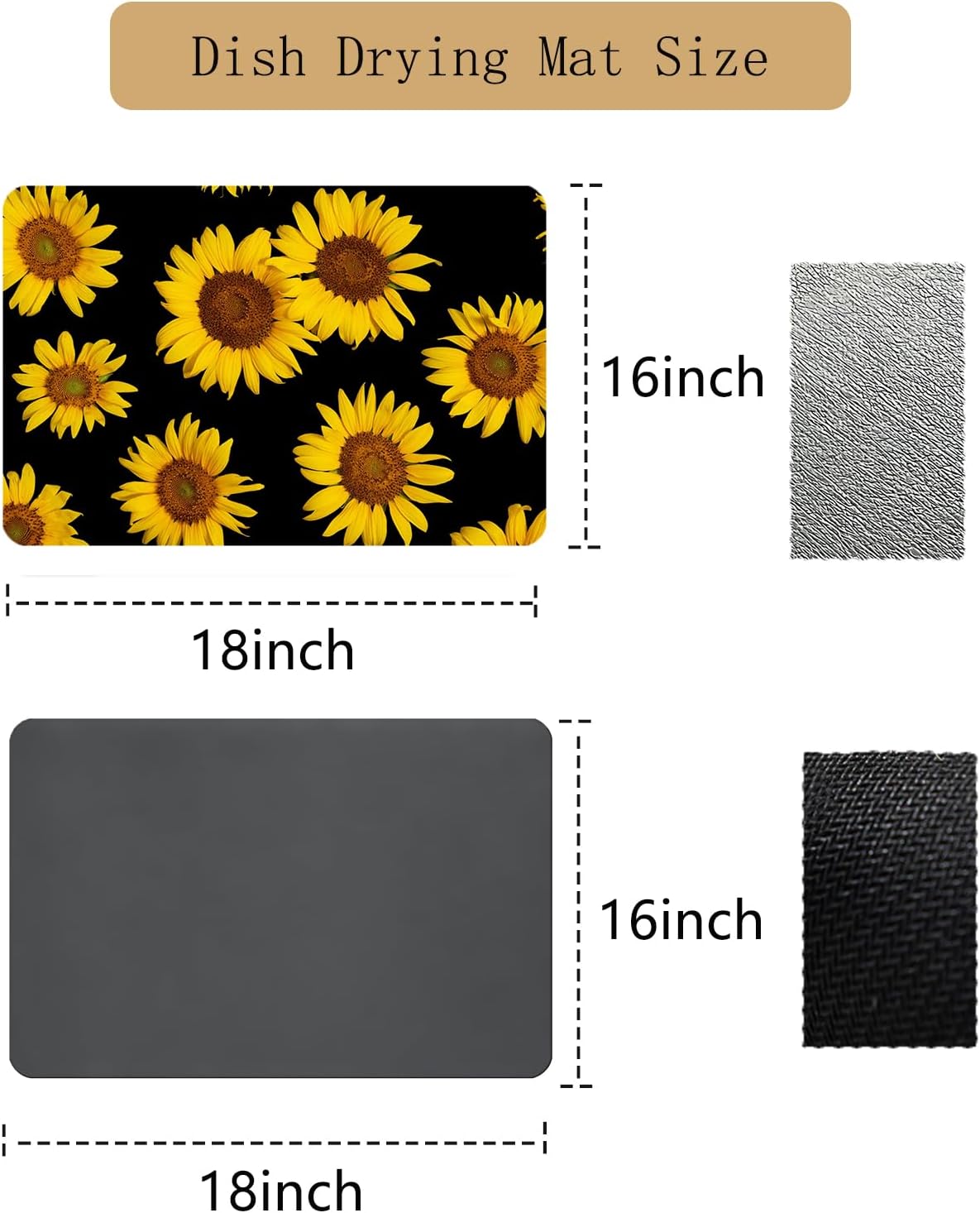 Sunflower Dish Drying Mat Coffee Mat for Countertop, Fall Sunflower Kitchen Decor，Absorbent Kitchen Counter Mat(Black Sunflower) (16*18inches)