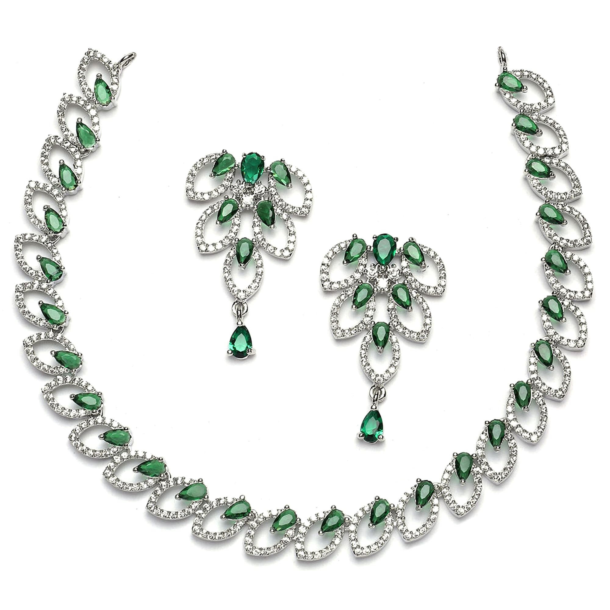 ZENEME Rhodium-Plated Navy Blue American Diamond Studded Leaf Shaped Necklace With Earrings Jewellery Set For Girls and Women (Green) (B0CGPZJ8RT) Amazon Price History, Amazon Price Tracker