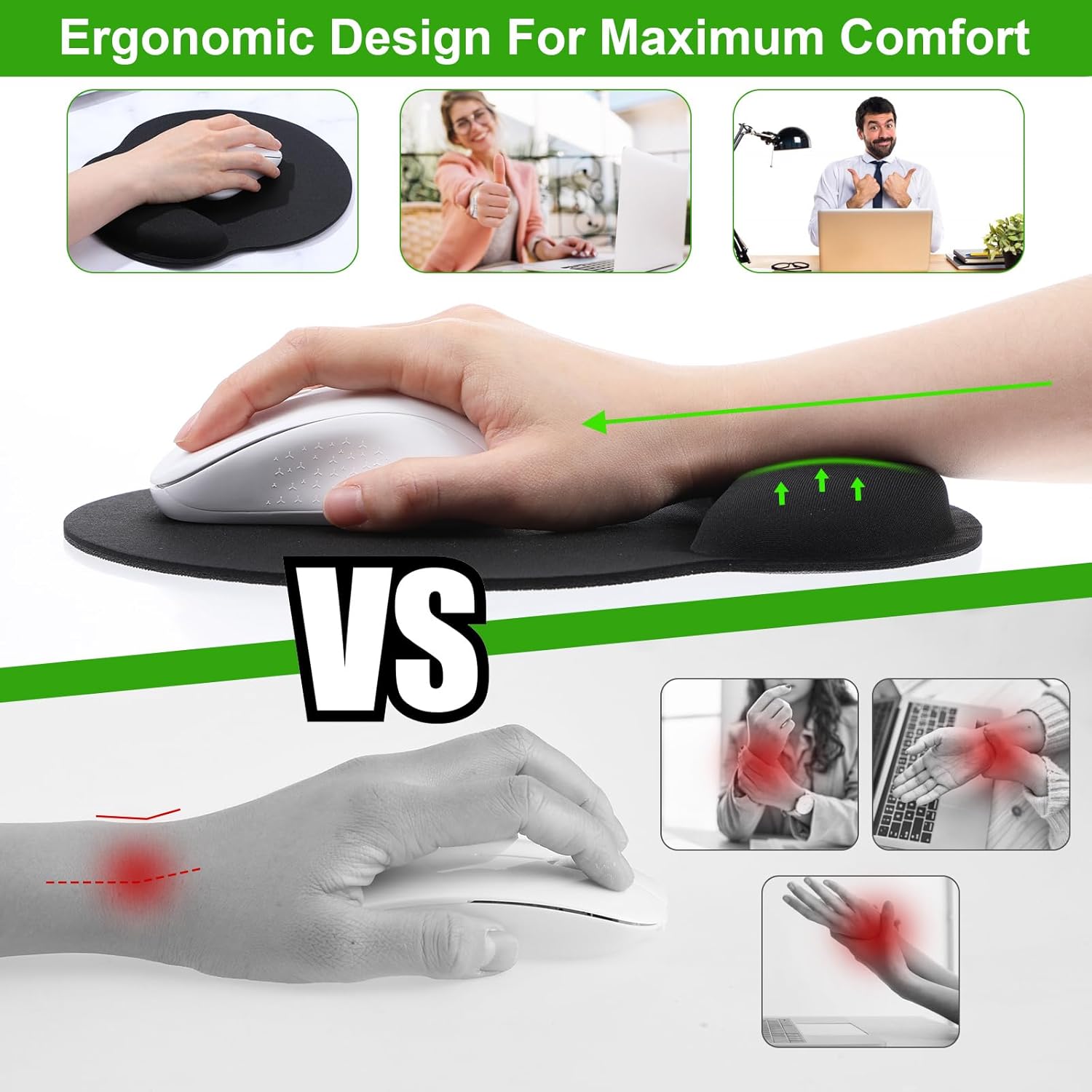 6 Pcs Ergonomic Mouse Pad with Wrist Rest Support, Comfortable Mousepad with Smooth Wrist Support Surface & Non-Slip PU Base, Comfortable Computer Mouse Pad for Computer, Laptop, Office & Home