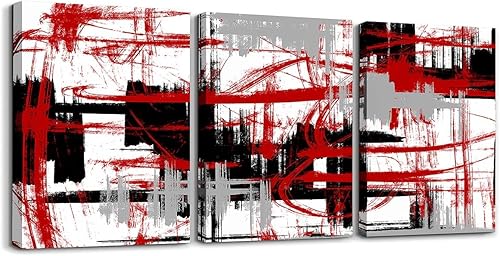 Feelyou Lienzo enmarcado de 3 piezas, diseño abstracto de rayas rojas, negras y grises para decoración moderna de sala de estar y oficina
