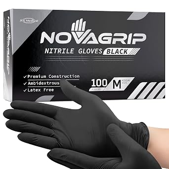 Novagrip JFA Medical Mechanic, Disposable Powder Free Latex Free Black Nitrile Gloves - Box of 100 Medium