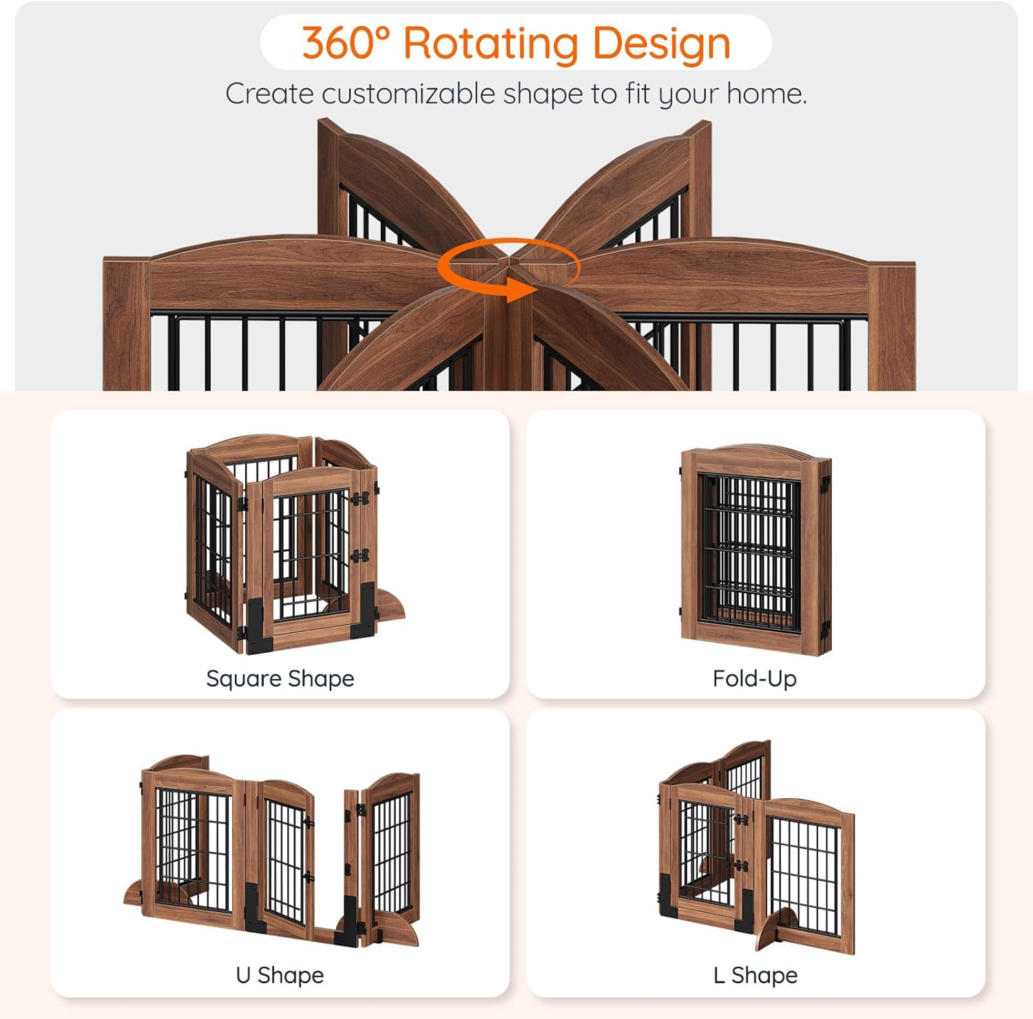 HOOBRO Dog Gate with Door Walk Through, 24.8'' Tall Freestanding Pet Gate with 2 Support Feet, Foldable Dog Fence Indoor, 360° Rotating Hinges, for Doorways, Stairs, Walnut BH85PP03