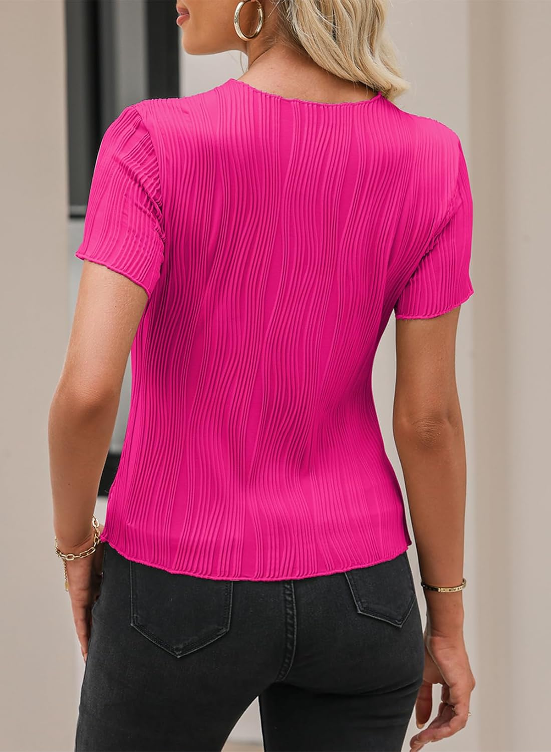 EVALESS Womens Short Sleeve Textured Tops Summer Casual Crewneck Solid Slim Fitted Basic T Shirts Tee Blouses - Image 5