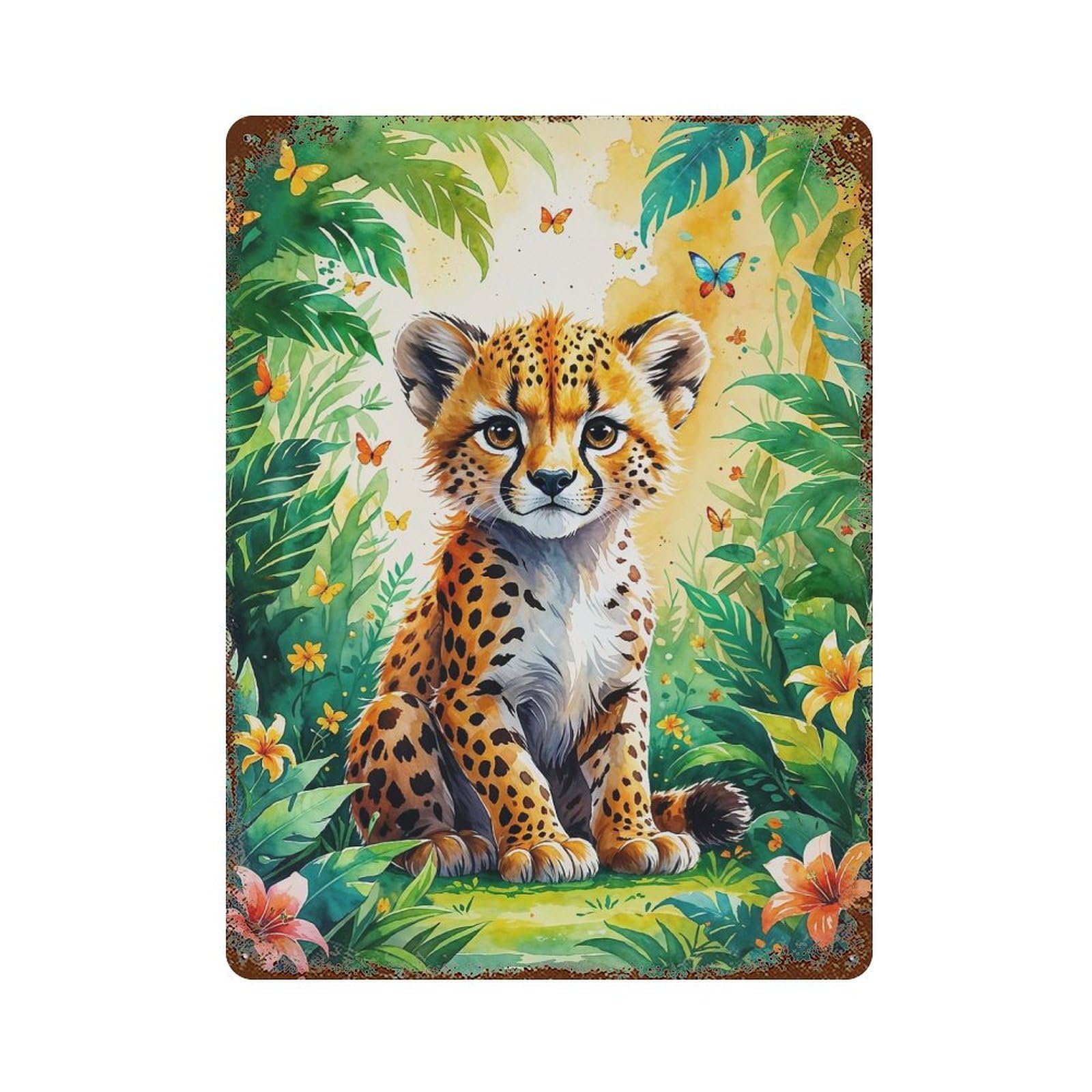 Cute Cheetah Cub in Jungle Watercolor 15.7"x11.8" Aged Metal Wall Plaque, Classic Wall Plaque for Basement, Hobby Room And Garage Decor
