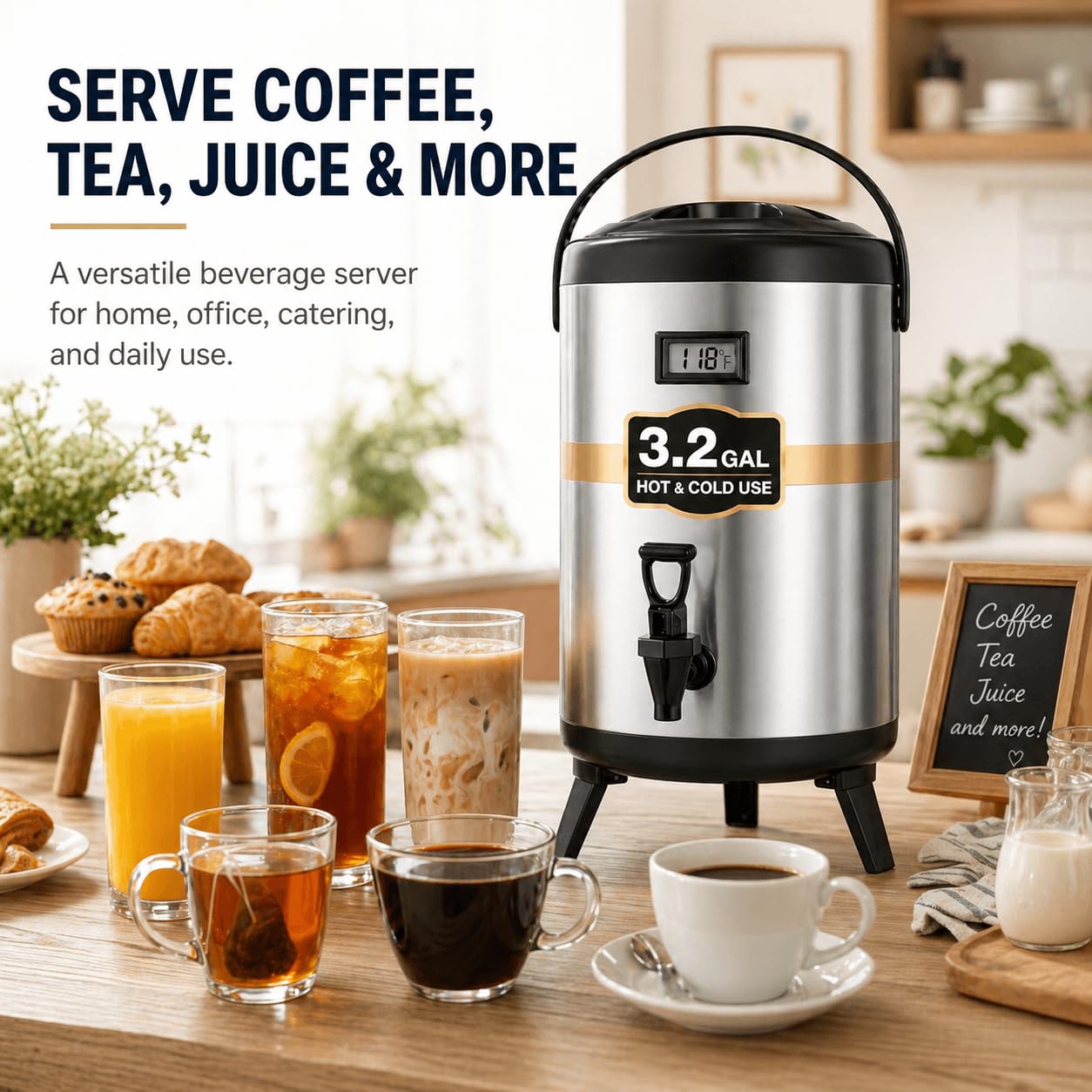 Dispensador de bebidas aislado de 3.2 galones, servidor térmico de café y bebidas de 12 litros con espiga, recipiente de bebidas frías y calientes no eléctrico para jugo, té, leche o chocolate