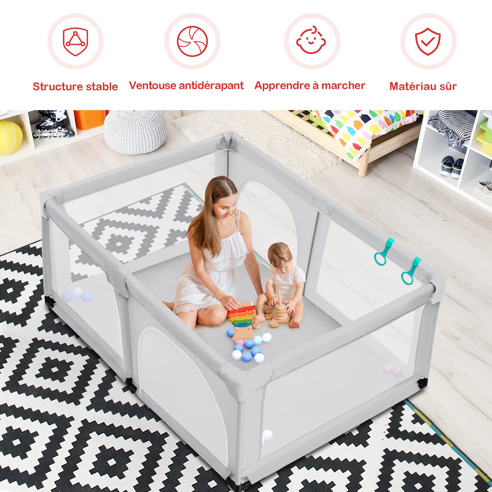 GOPLUS Parque Infantil Bebe, Baby Playpen, Corrales para Bebes, Centro de Actividades Interior para Niños, con Malla, Bolas, Bebé de 10 Meses a 6 Años, Interior y Exterior, 192 x 122 x 68 cm, Gris