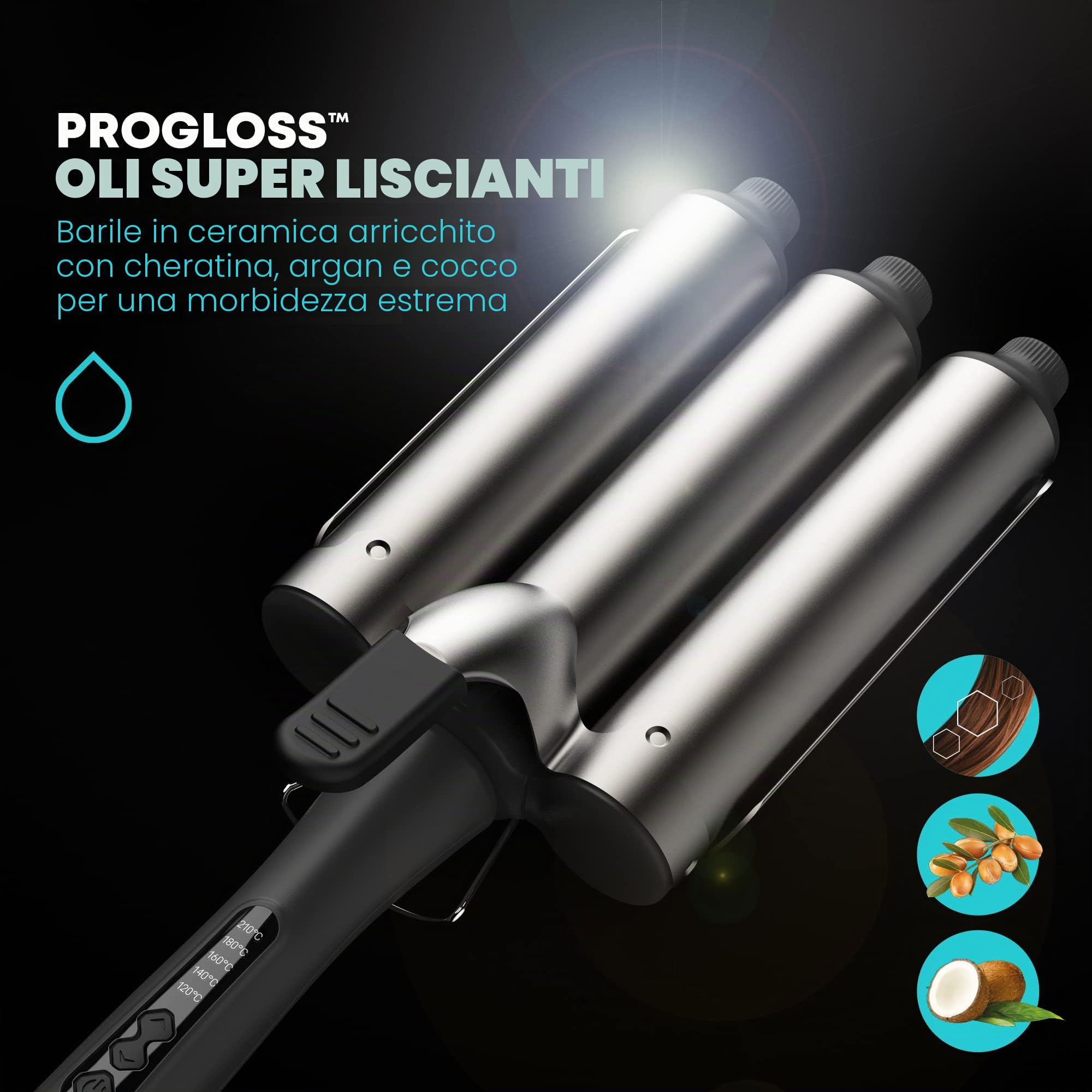 Revamp Progloss Boho Beach Waver XL – 38 mm waver con 3 fusti per onde morbide e grandi – Livelli di calore variabili e spegnimento automatico