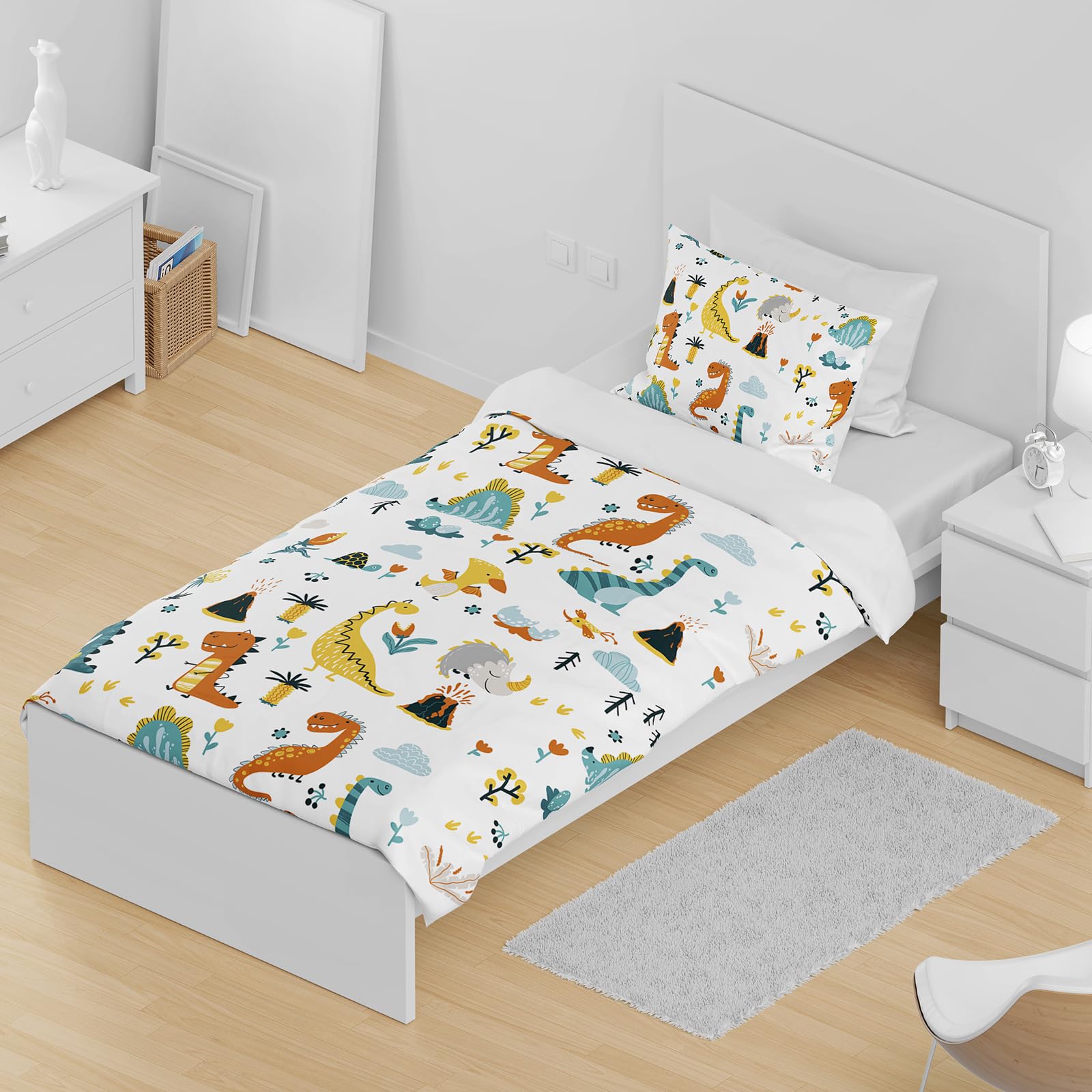 DJDEA Toddler Duvet Cover Set 120x150cm, Dinosaur Pattern Print Duvet Cover Set - Image 4