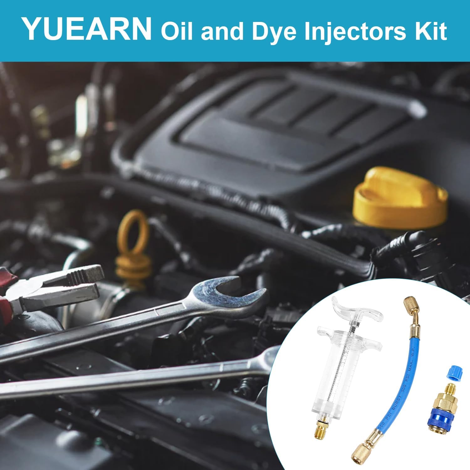Oil and Dye Injectors Kit Hand Push Compressor Ac Oil Injector Kit with Quick Coupler 1/4 SAE Connector Car ac Leak Detector Kit